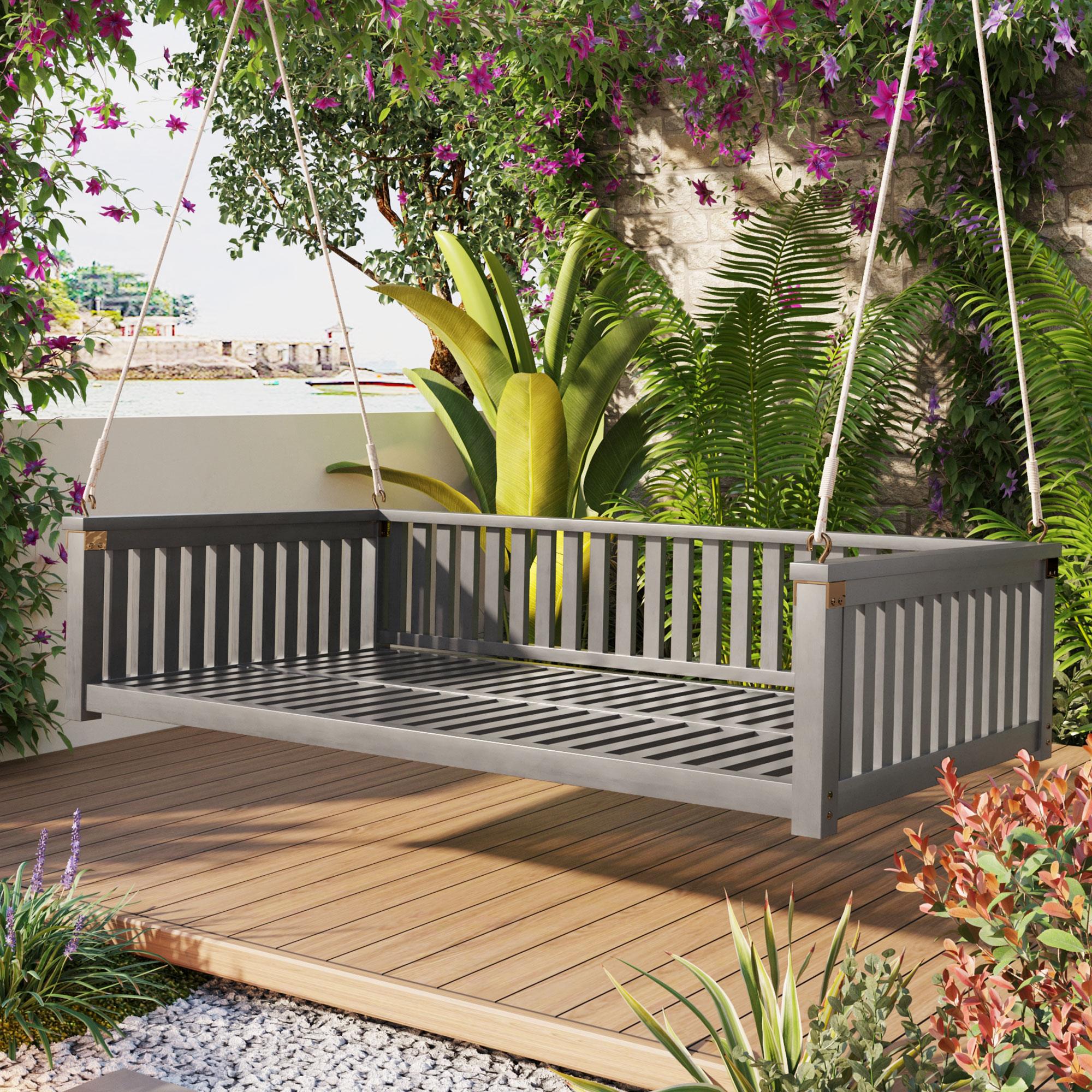 Minimalist Swing Bed with Safe Sloped Design for Backyard, Wooden Porch Swing with High Weight Capacity, 79" L x 41.5" W x 21" H, Gray