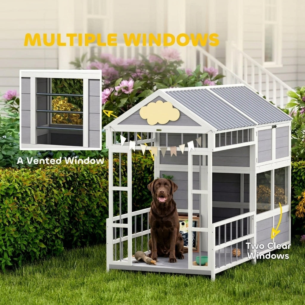 79"L Large Dog House Outdoor, Wooden Dog Kennel with Porch, Storage Cabinet,Weatherproof Roof, Windows
