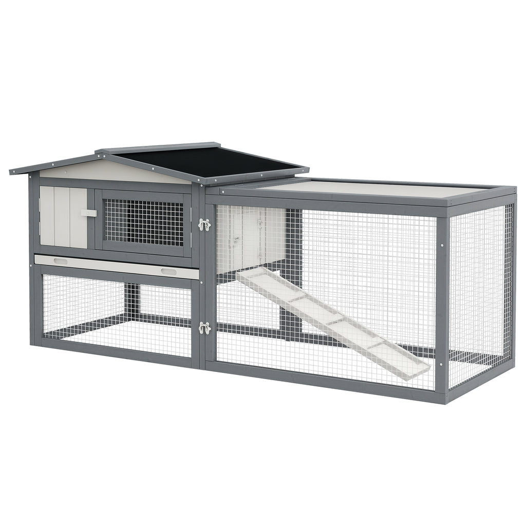 Large Rabbit Cage Outdoor 61"L Guinea Pig Hutch w/ Run Feeding Trough Removable Tray Ramp Asphalt Roof, White