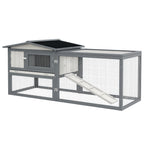 Large Rabbit Cage Outdoor 61"L Guinea Pig Hutch w/ Run Feeding Trough Removable Tray Ramp Asphalt Roof, White