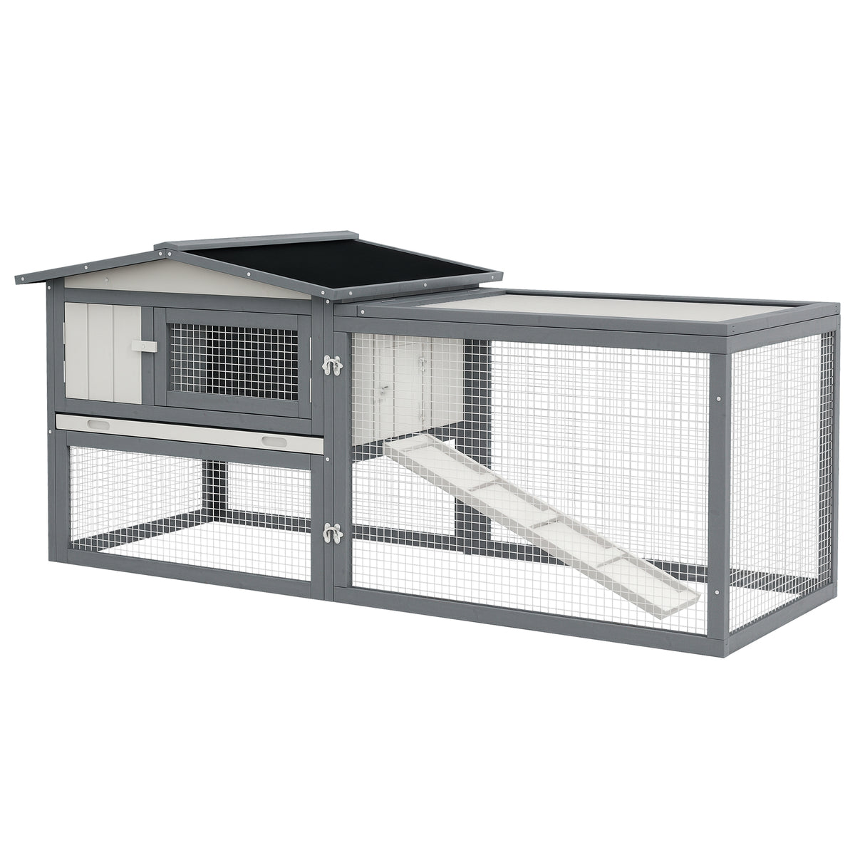 Large Rabbit Cage Outdoor 61"L Guinea Pig Hutch w/ Run Feeding Trough Removable Tray Ramp Asphalt Roof, White