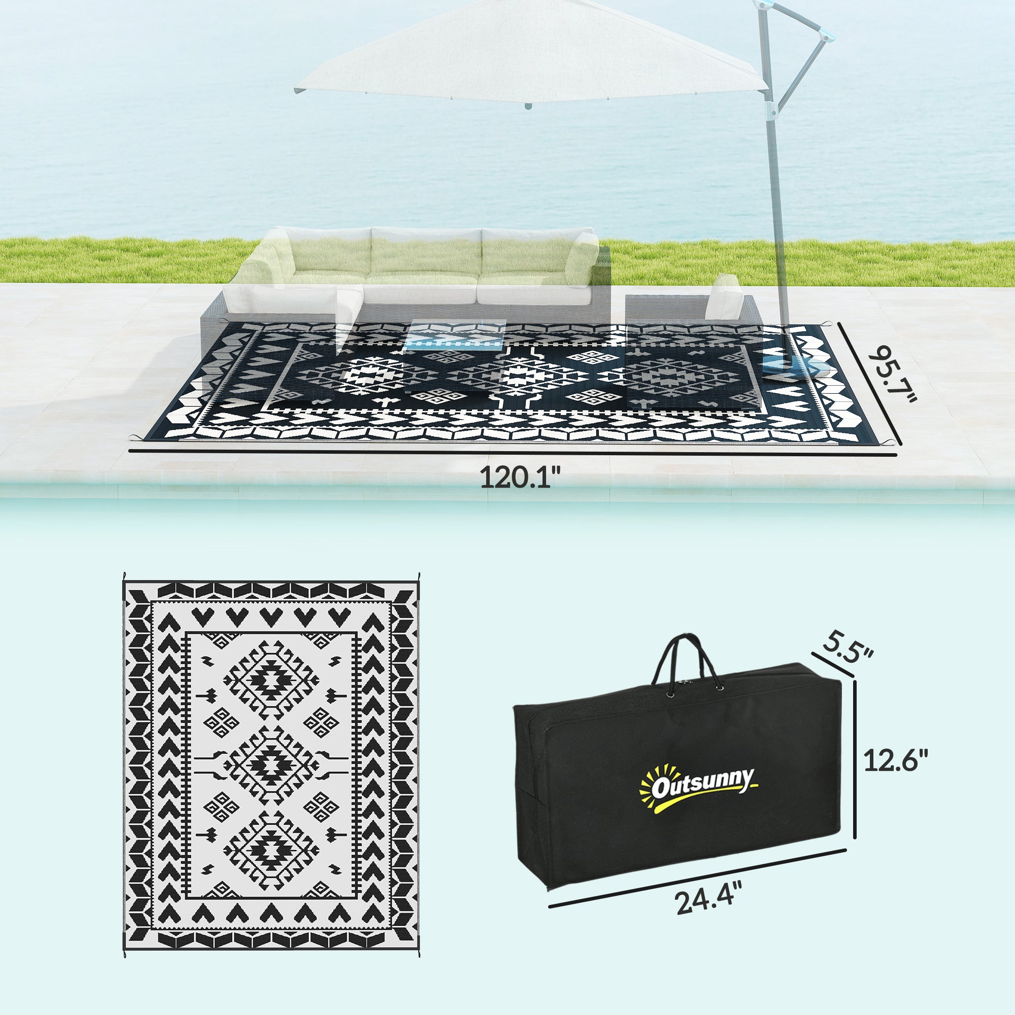 Reversible Outdoor Rug, Waterproof Plastic Straw with Carry Bag, 8' x 10', Black & White Rhombus Patchwork