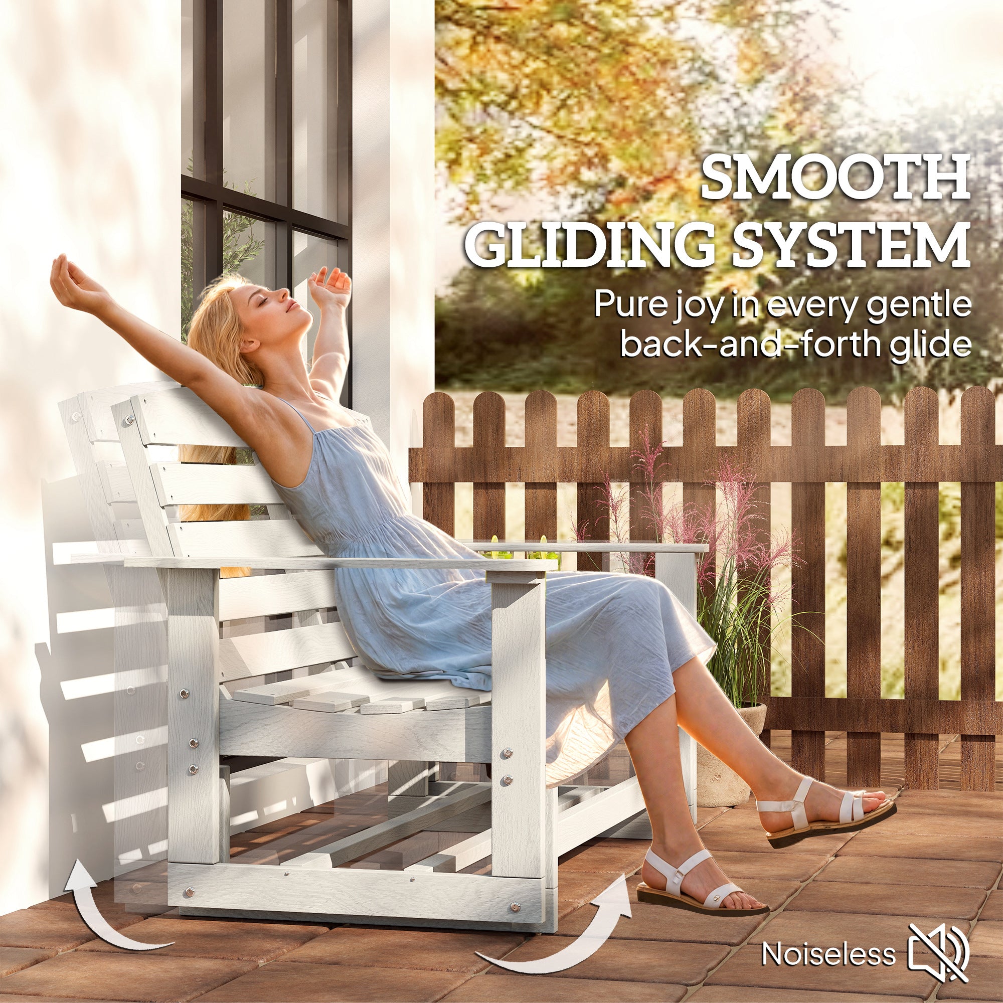 Patio Glider Bench w/ HDPE Slatted Double Rocking Chair, Distressed White