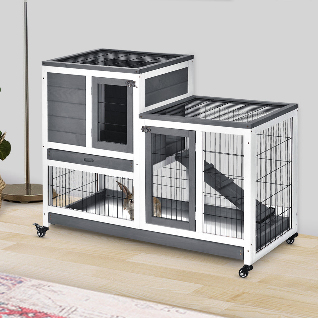 Wooden Rabbit Hutch Elevated Bunny Cage Indoor Small Animal Habitat with Enclosed Run with Wheels, Ramp, Removable Tray for Rabbits, Chickens, Ducks, Guinea Pigs, Gray