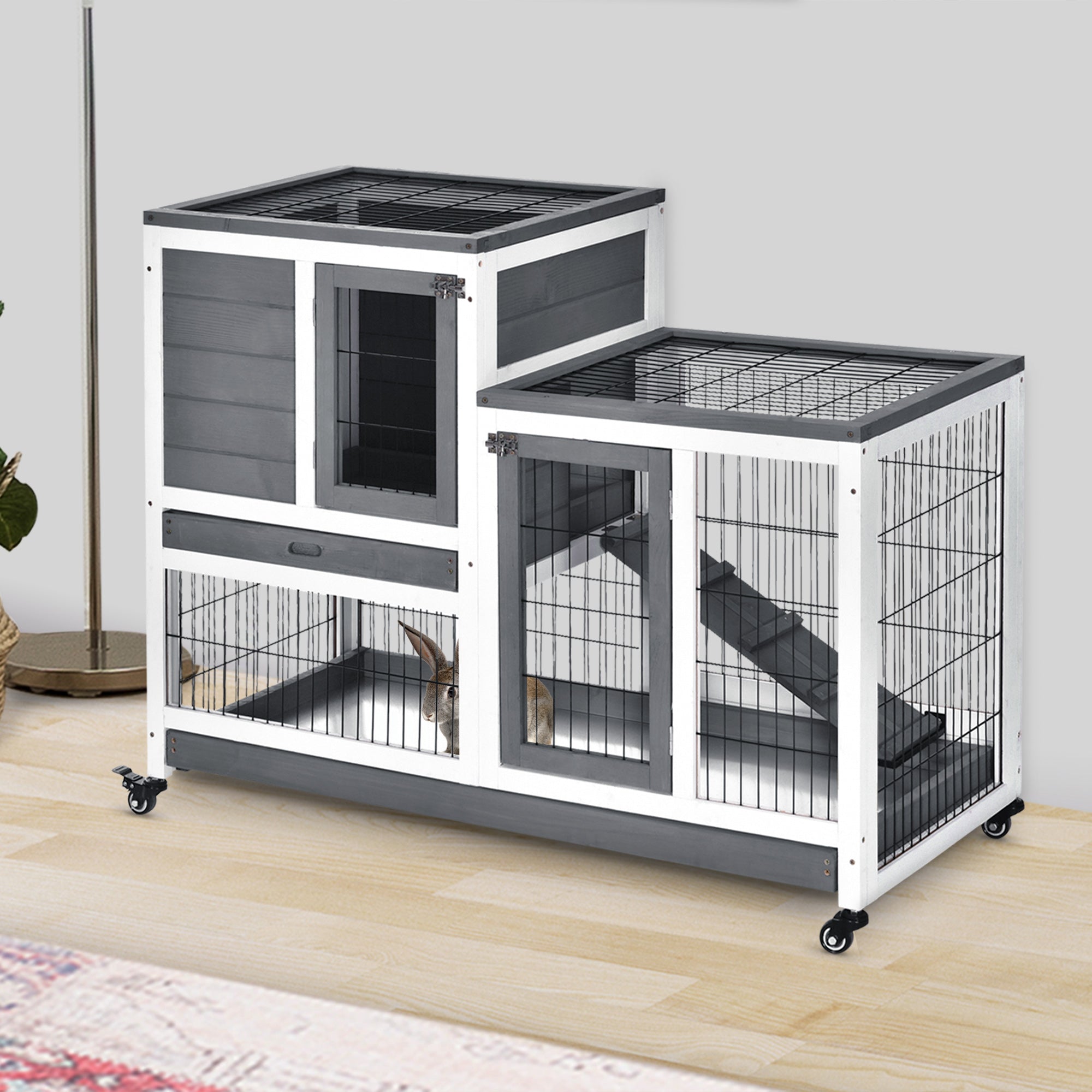Wooden Rabbit Hutch Elevated Bunny Cage Indoor Small Animal Habitat with Enclosed Run with Wheels, Ramp, Removable Tray for Rabbits, Chickens, Ducks, Guinea Pigs, Gray