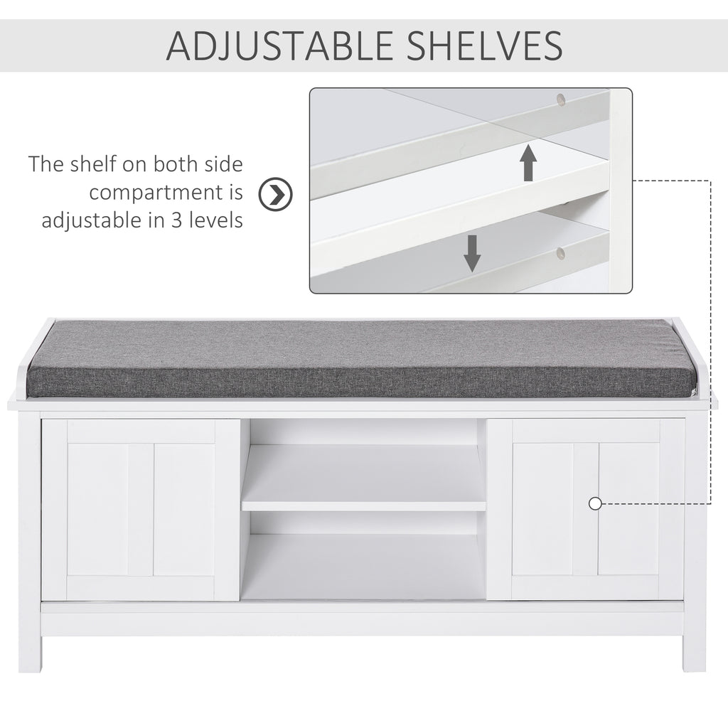 Entryway Shoe Bench Storage Ottoman with Sliding Doors, Adjustable Shelving, 6 Compartments, and Padded Seat, Holds 10 Pairs, White