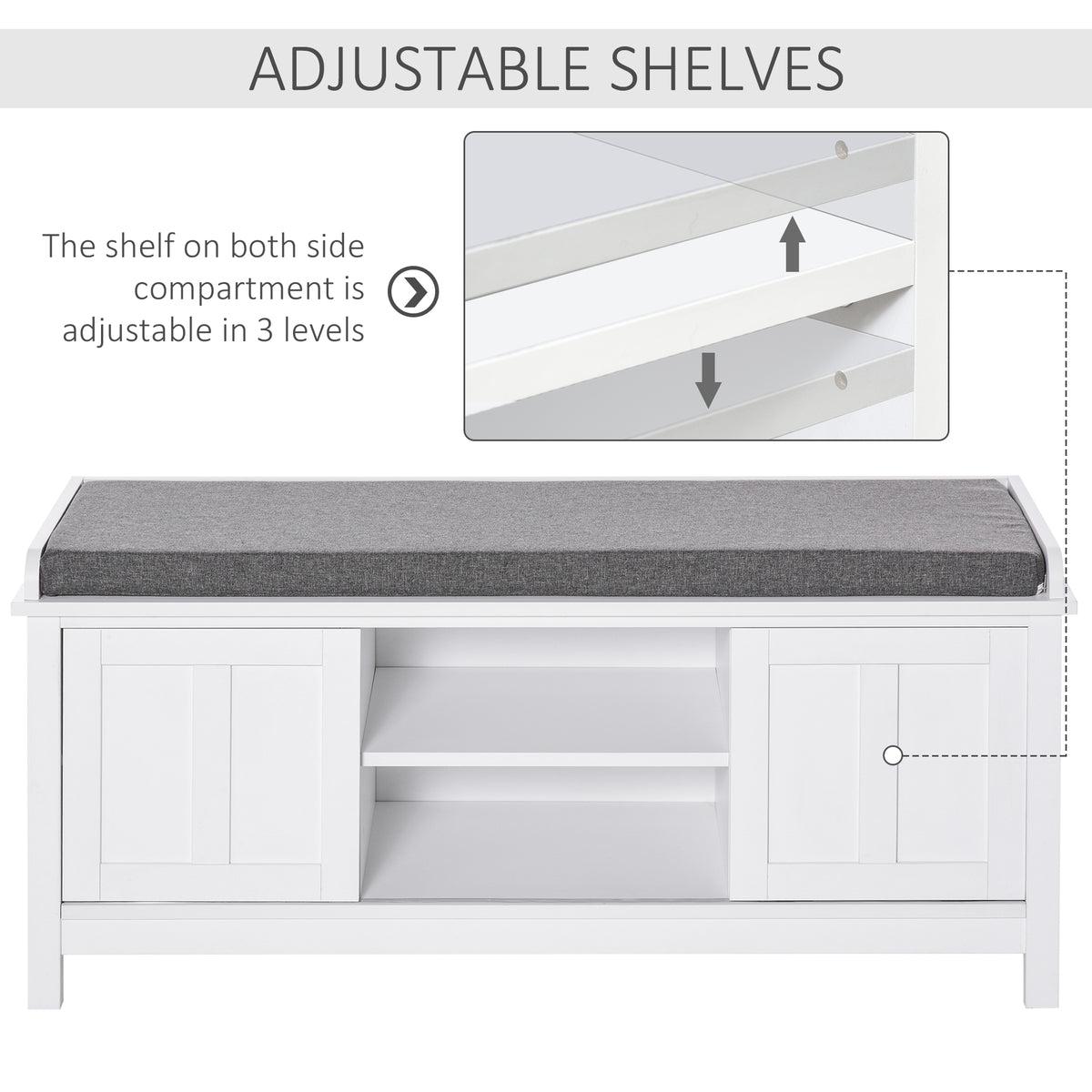 Entryway Shoe Bench Storage Ottoman with Sliding Doors, Adjustable Shelving, 6 Compartments, and Padded Seat, Holds 10 Pairs, White