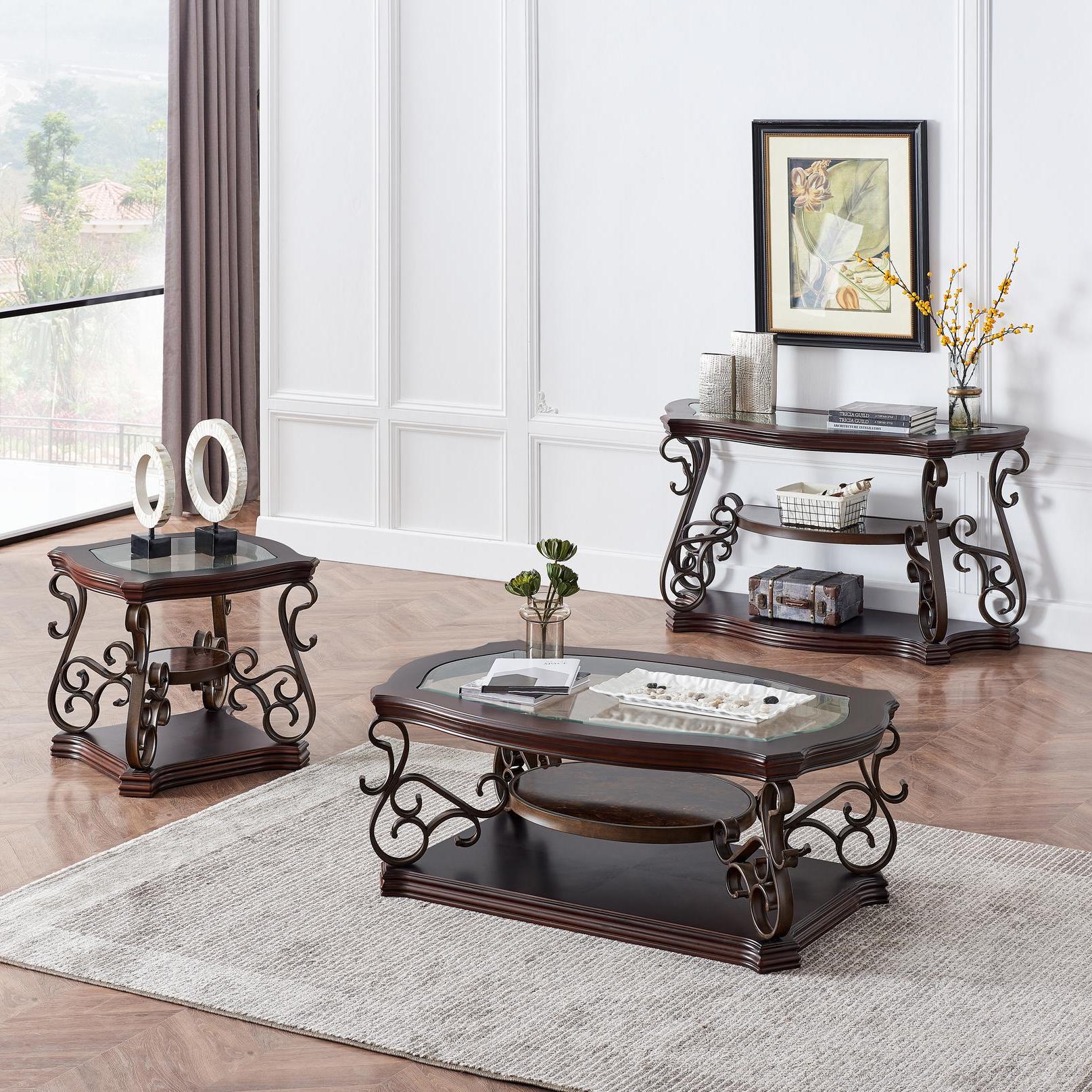 Stylish Sofa Table with Beveled Glass Top, MDF Birch Veneer Middle Shelf, Desk with Powder-Coated Serpentine Legs, 54" L x 20" W x 30" H, Brown
