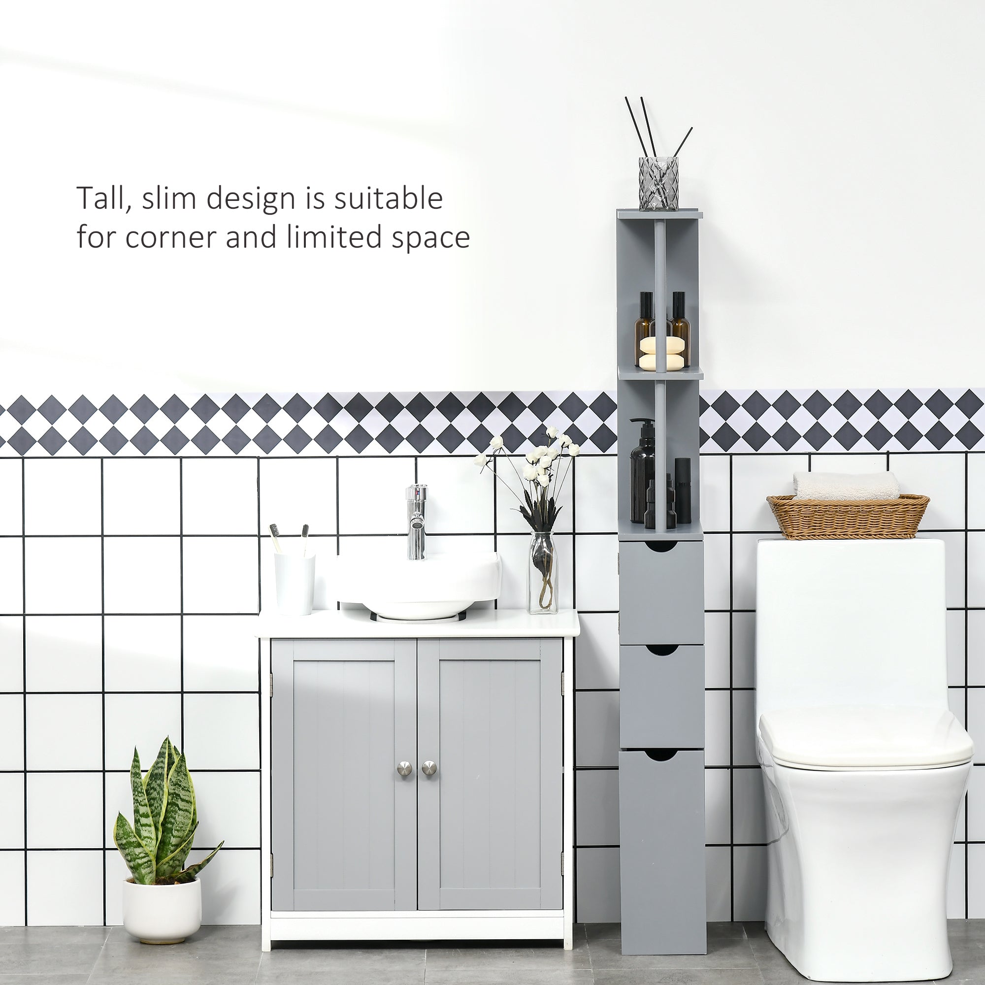 54" Tall Bathroom Storage Cabinet, Freestanding Linen Tower with 2-Tier Shelf and Drawers, Narrow Side Floor Organizer, Grey