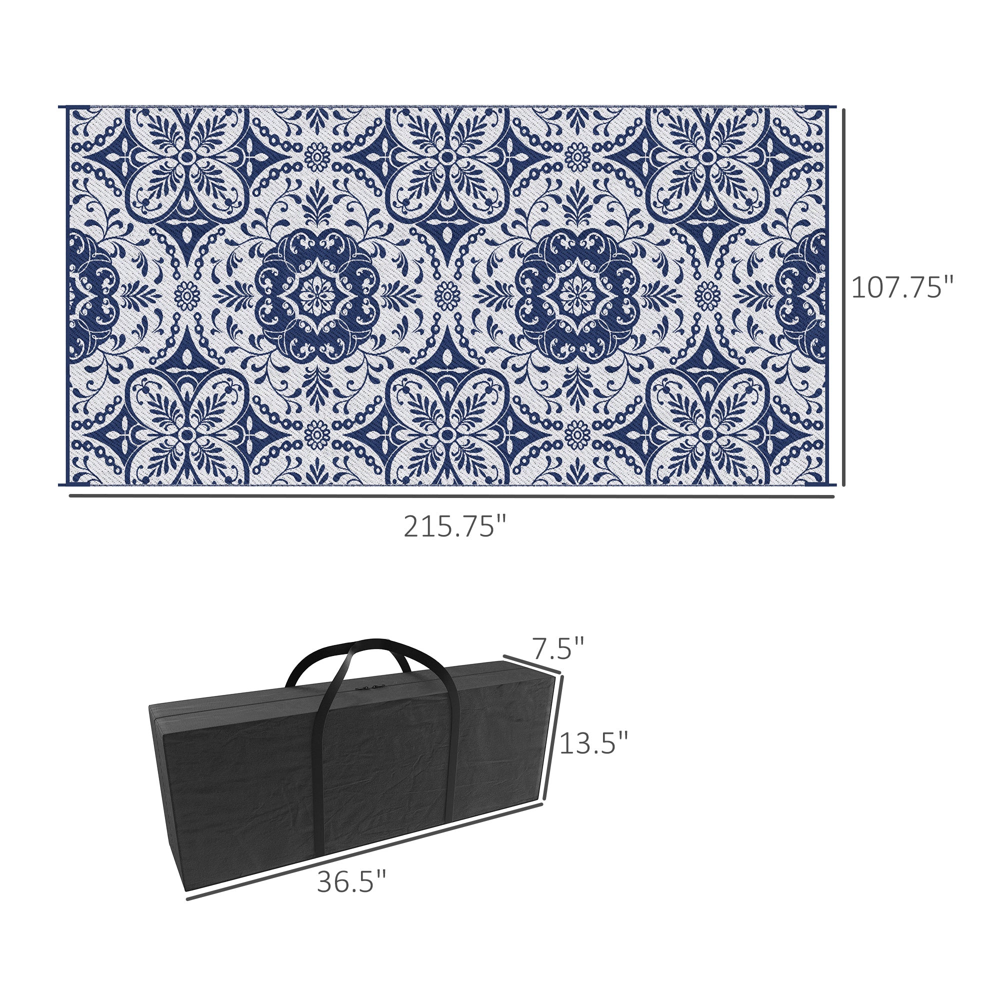 Outdoor Rug for Patio, 9' x 18' Waterproof Large Mat, Reversible Plastic Straw Rug for Decor, Portable Outside RV Camping Area Carpet Mat for Backyard Porch Deck Picnic, Blue & White Floral