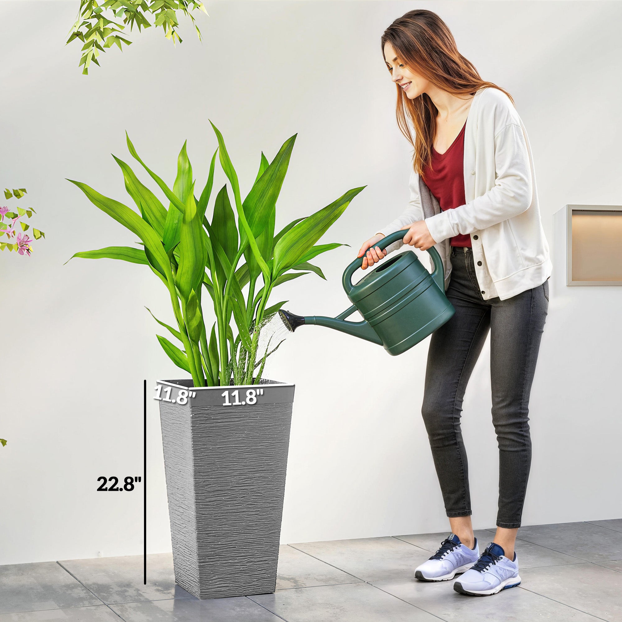 22.8 Inch Set of 3 Outdoor Planters with Stone Finish and Wheels, Stackable Tapered Planters with Drainage Hole, Gray