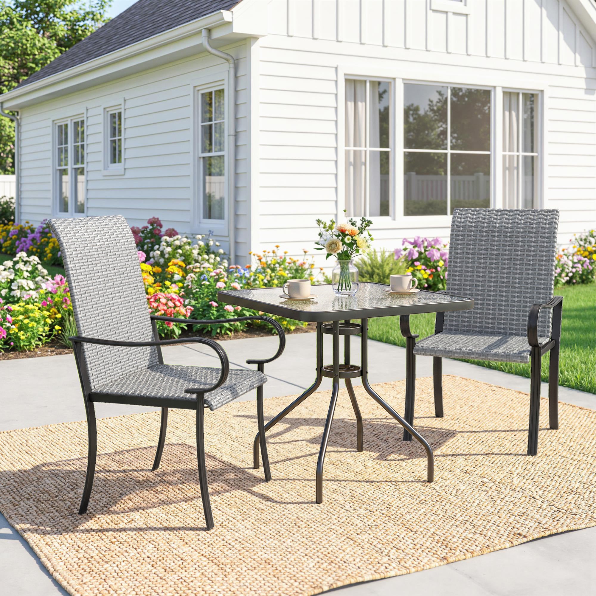 Set of 2 Outdoor Wicker Dining Chairs with Armrest, Steel Frame, High Back and Deep Seating, Gray