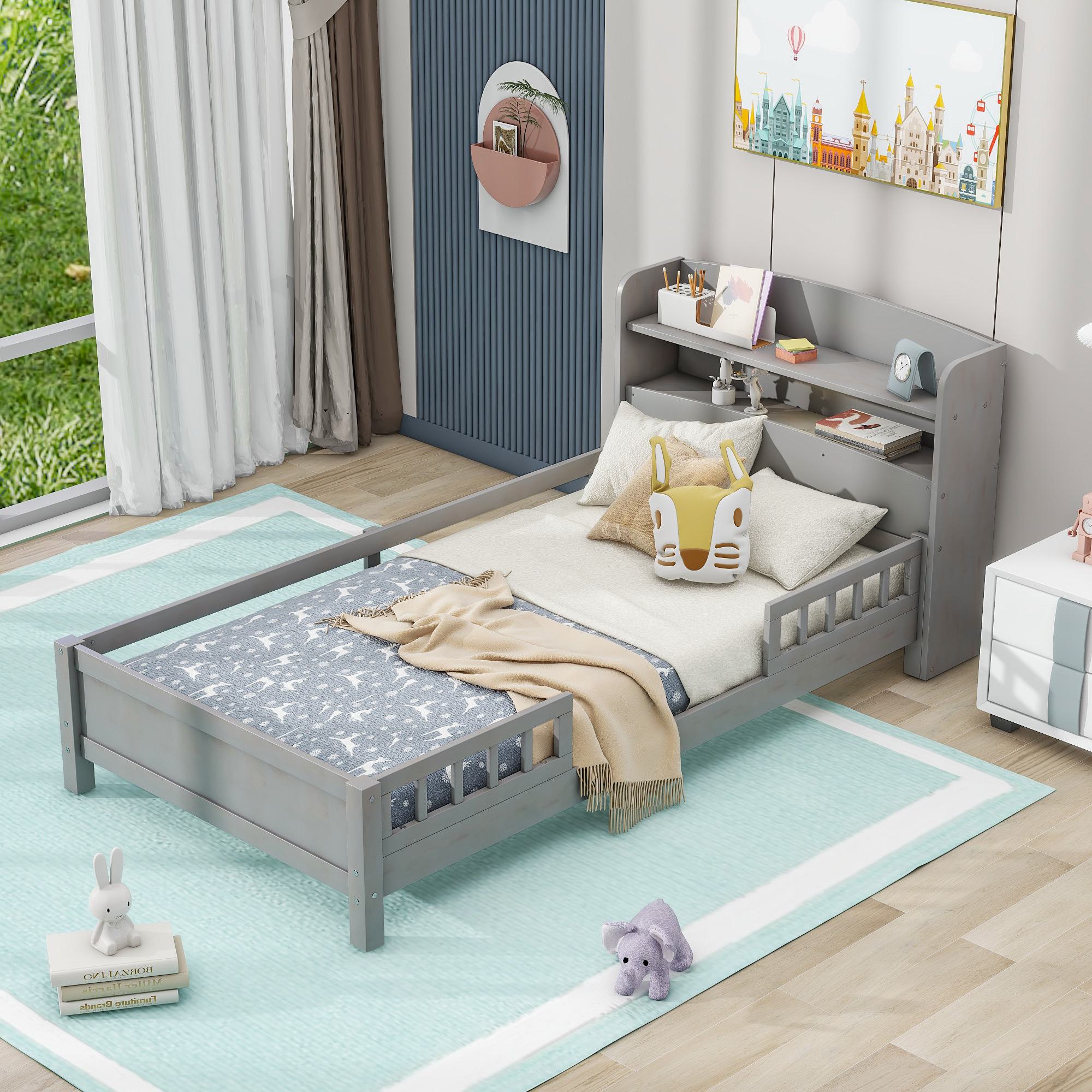 Wood Twin Size Platform Bed with Built-in LED Light, Storage Headboard, Guardrail, and Sturdy Construction, 87" L x 43" W x 31" H, Antique Gray