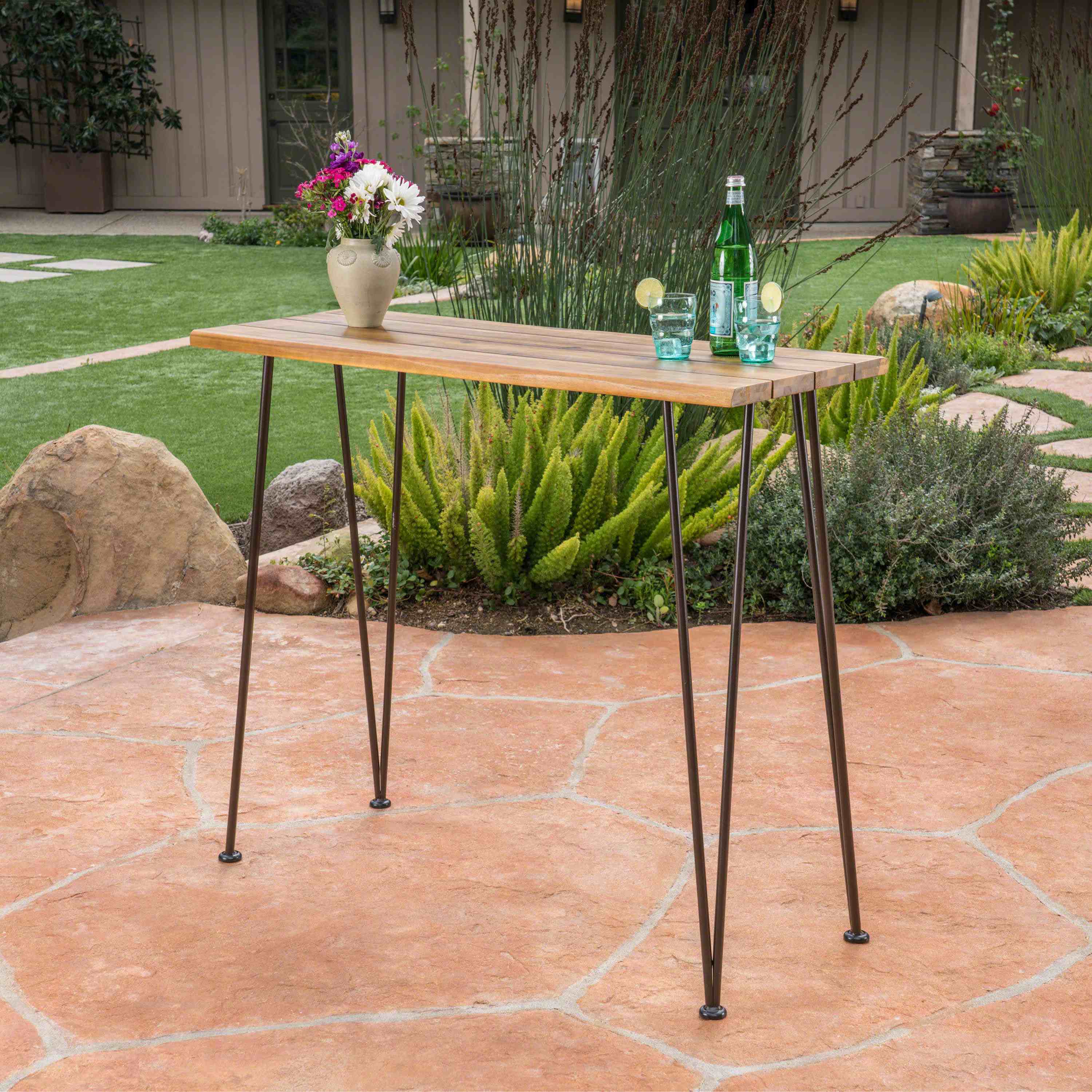 Modern Outdoor Industrial Teak Finished Acacia Wood Bar Table with Iron Hairpin Legs, Outdoor Acacia Wood with Teak Finish, 47.25" L x 18.25" W x 40" H, Brown