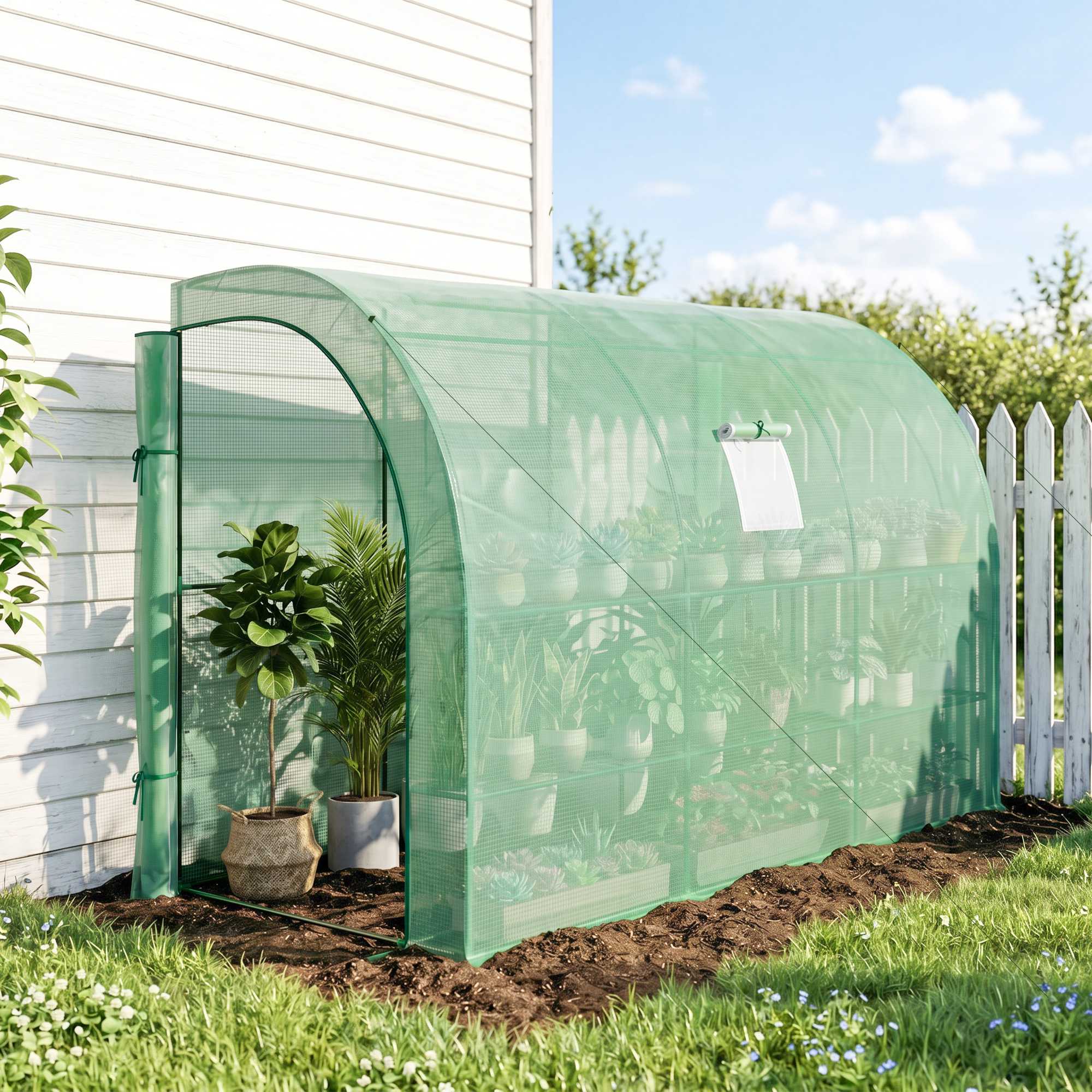10' x 5' x 7' Lean to Greenhouse, Walk-In Green House, Plant Nursery with 2 Roll-up Doors and Windows, PE Cover and 3 Wire Shelves, Green