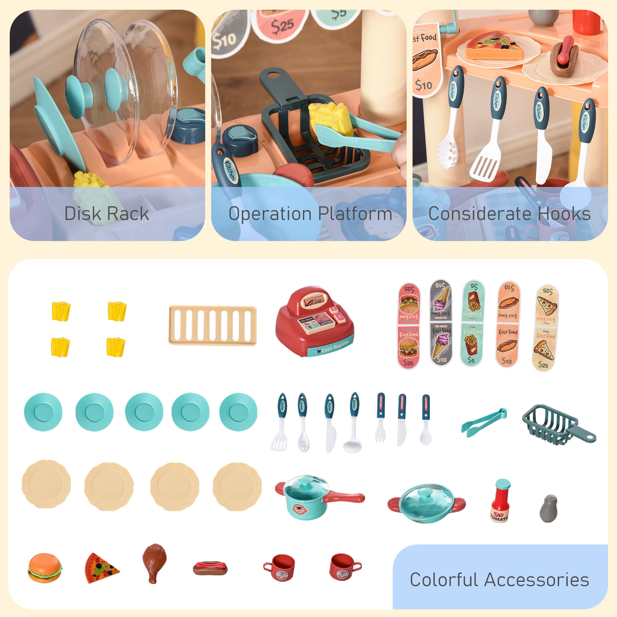 Kids Kitchen Food Stand with Play Food, Cashier Register, Accessories Ages 3-6
