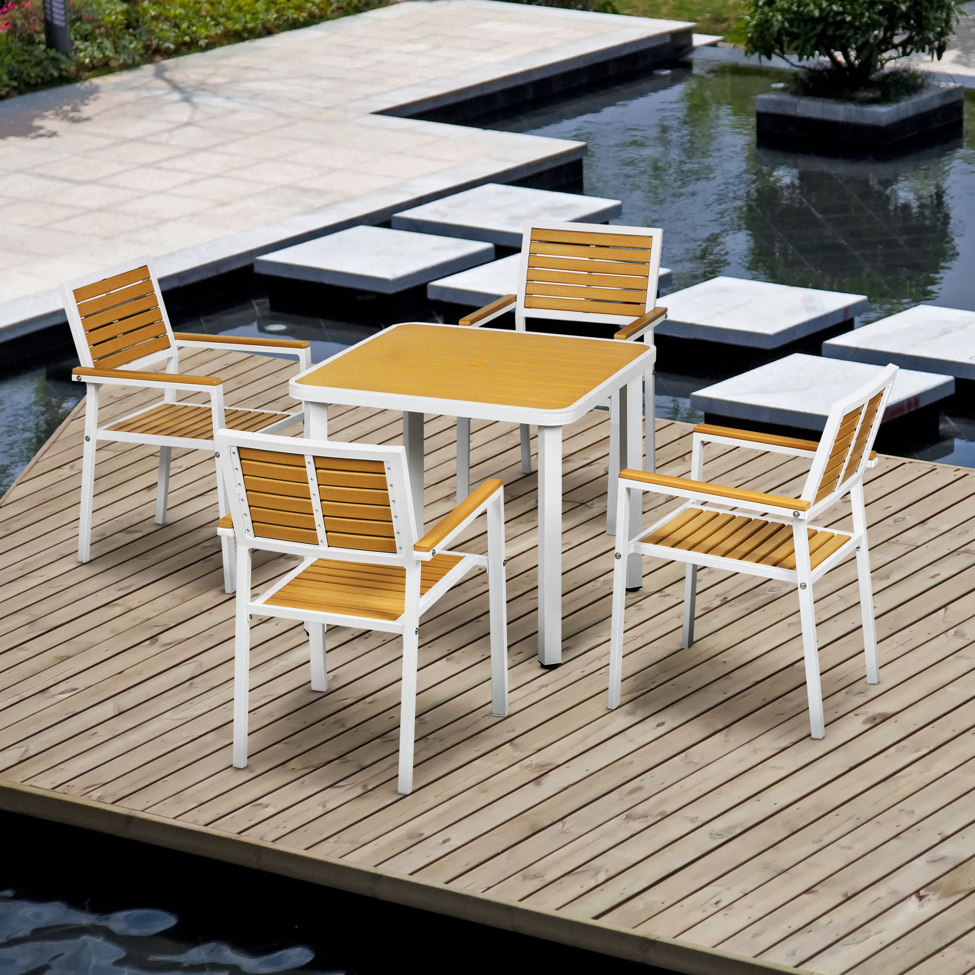 5pc Patio Table and Chairs Set, Aluminum Patio Dining Set w/ HDPE Materials, Umbrella Hole, Yellow