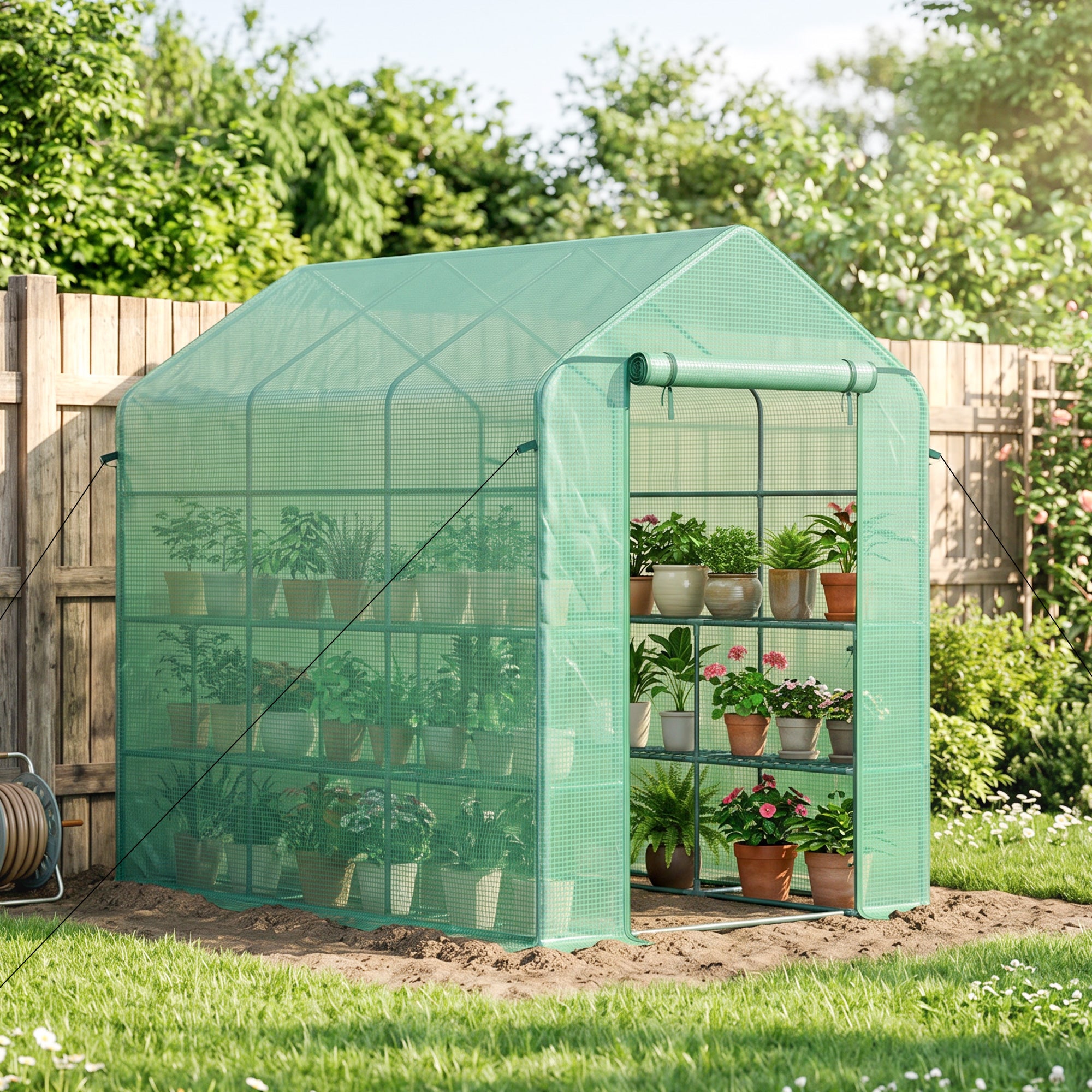 7' x 5' x 6' Walk-in Greenhouse for Outdoors with Mesh Door, 18 Shelf Hot House with Trellis, Plant Labels, UV Protective, Steel Frame for Growing Flowers, Herbs, Vegetables, Saplings, Green
