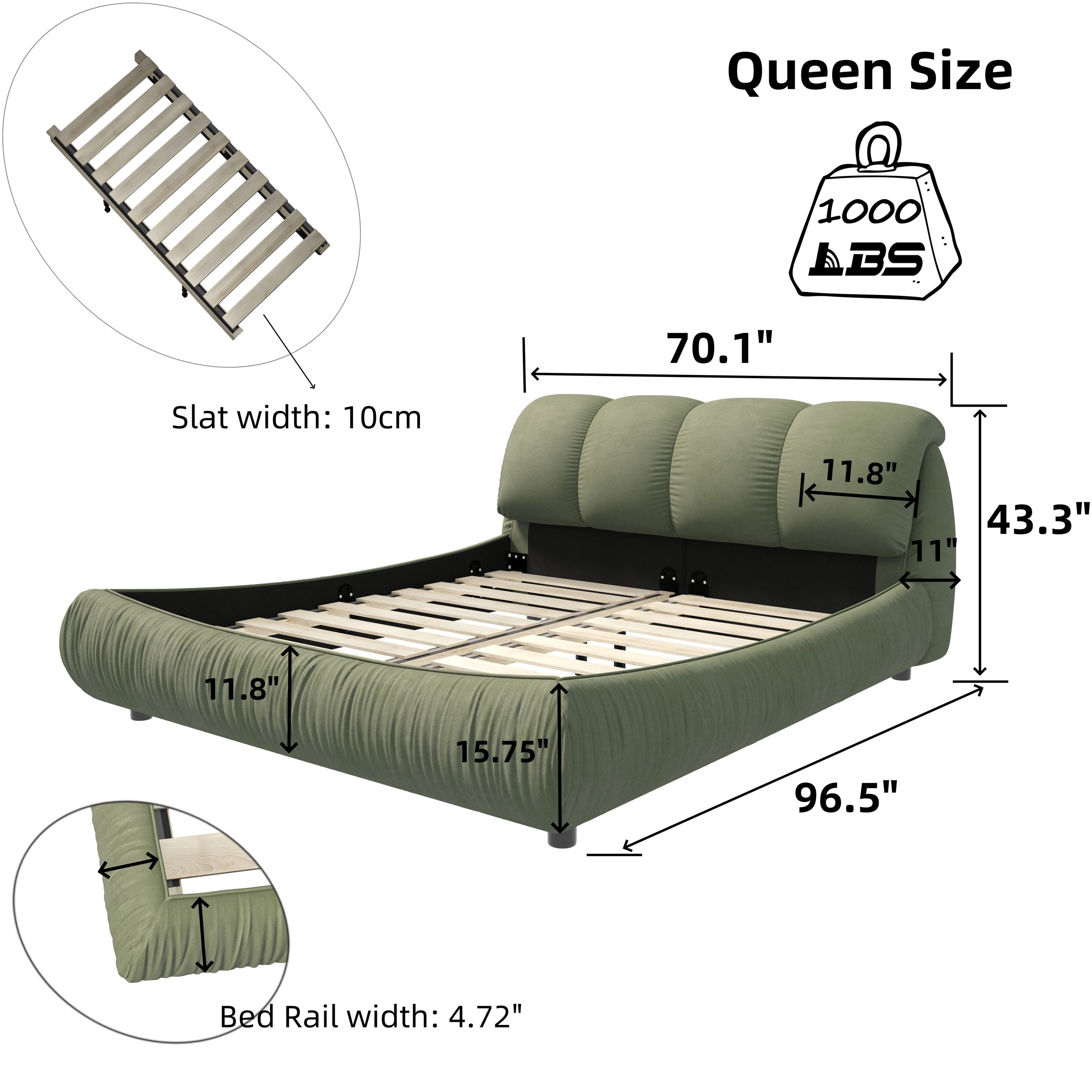Queen Size Upholstered Bed with Oversized Padded Backrest, Solid Wood Frame, Adjustable Mattress Heights, 96.5" L x 70" W x 43.5" H, Green