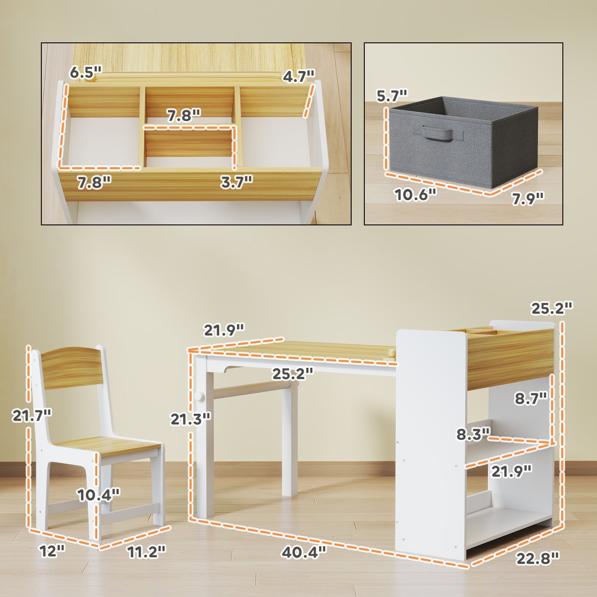 Kids Desk and Chair Set with Paper Roll, Kids Activity Craft Table with Storage Shelves and Drawers, Natural Wood
