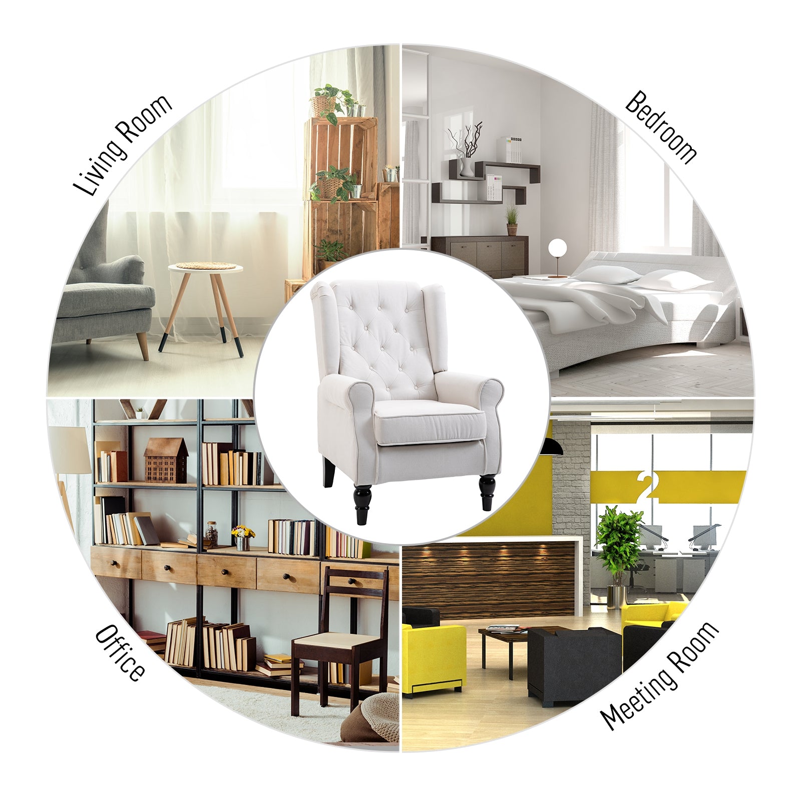 Button-Tufted Accent Chair with High Wingback, Rounded Cushioned Armrests and Thick Padded Seat, Set of 2, Cream White