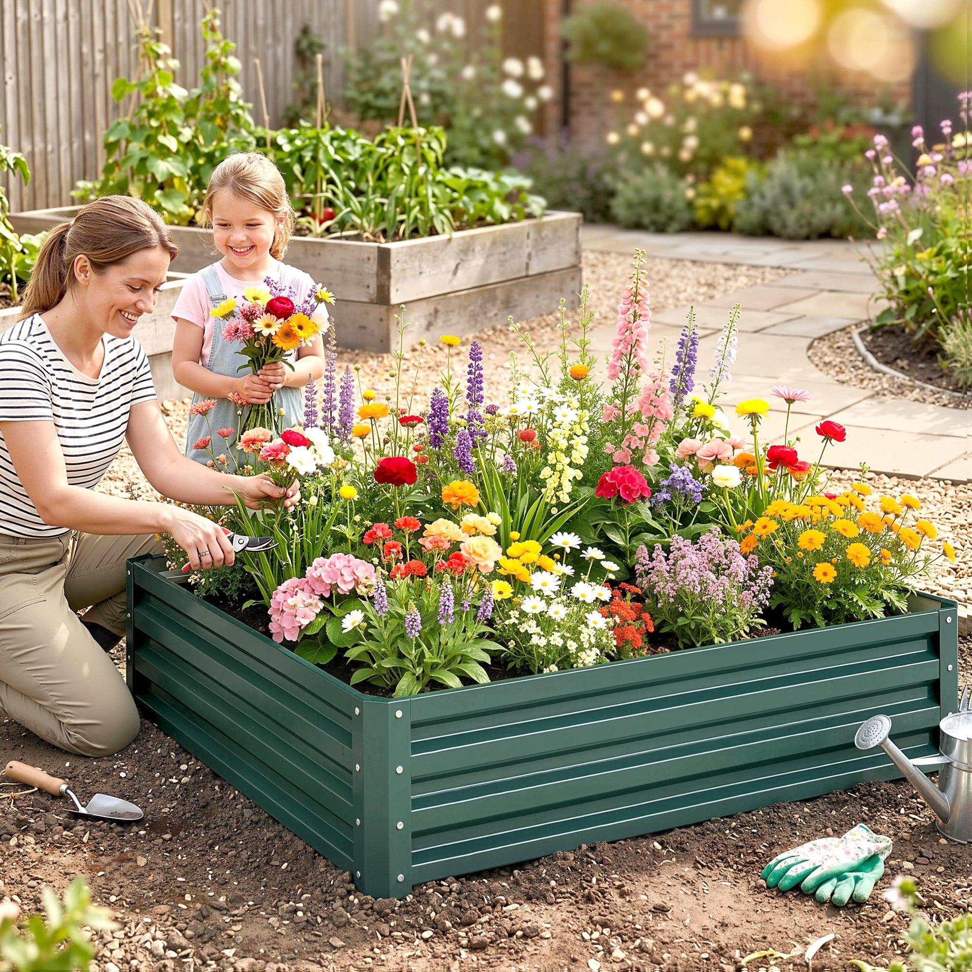 Galvanized Raised Garden Bed, 4' x 4' x 1' Metal Planter Box, for Growing Vegetables, Flowers, Herbs, Succulents, Green