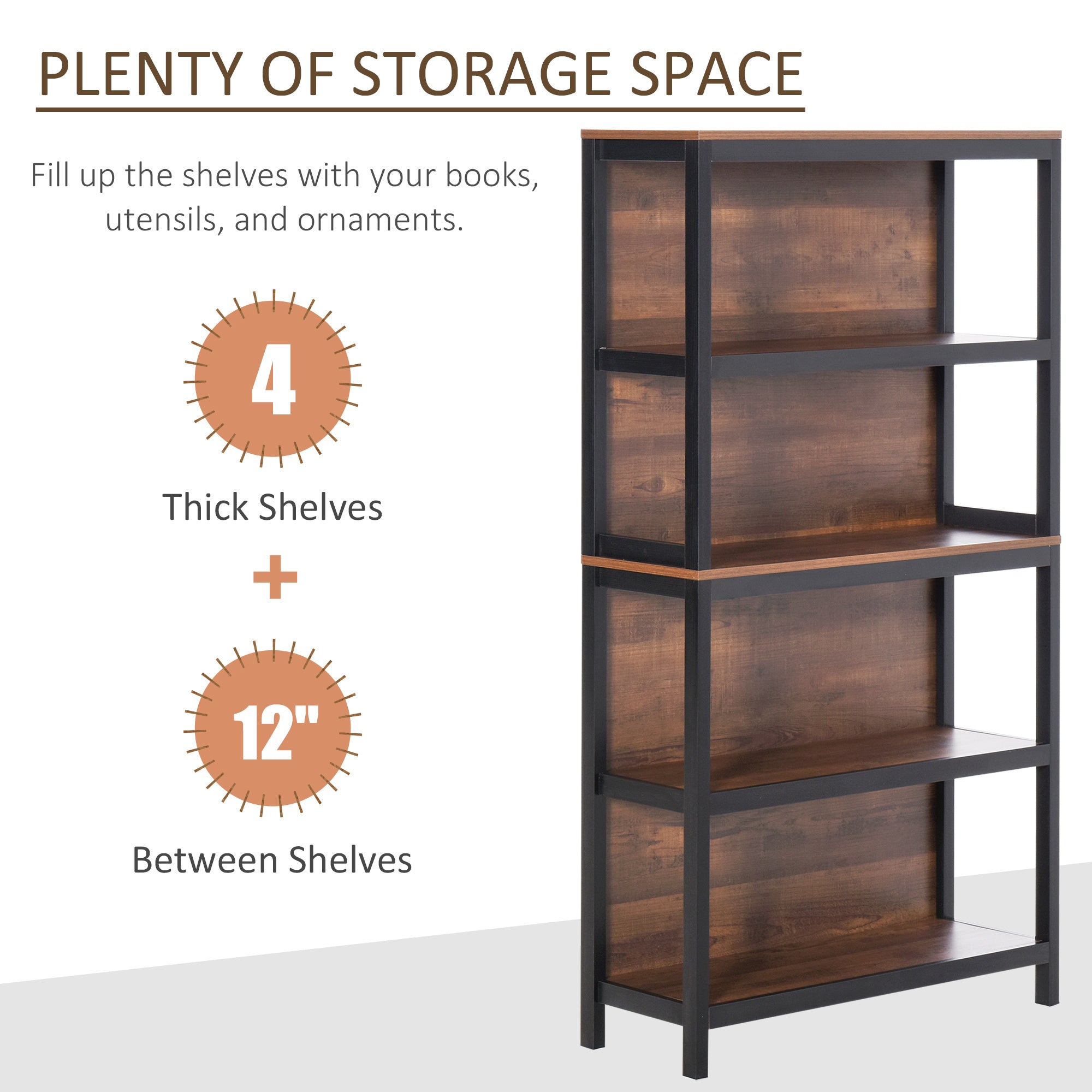 Shelves for Storage, 4 Tier Bookshelf Utility Organizer with Back Support and Anti-Topple Design, Walnut/Black