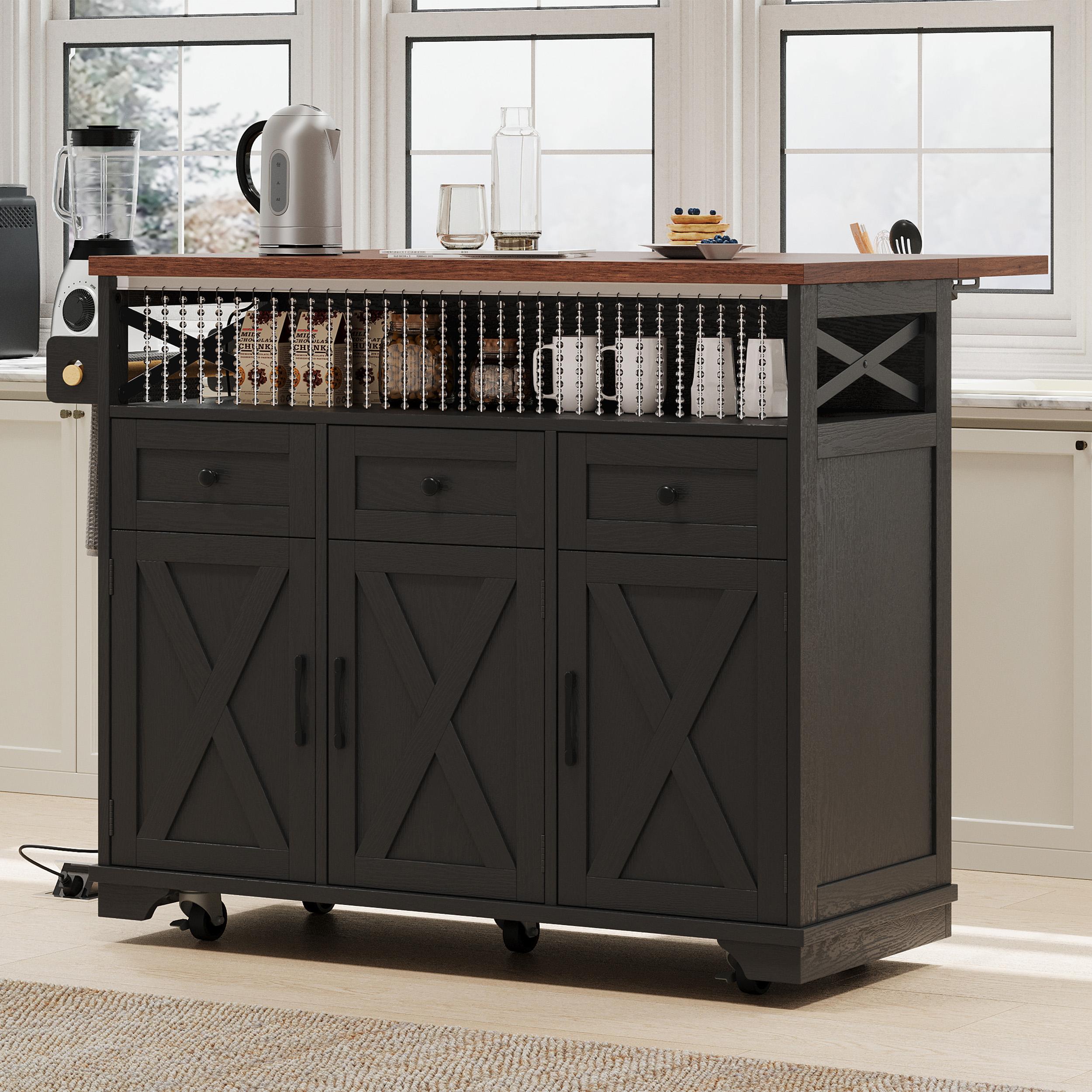 Farmhouse Kitchen Island Cart with Beaded Drape, Power Outlet, Drop Leaf, Adjustable Shelves, Perfect for Kitchen and Dining Room, Black