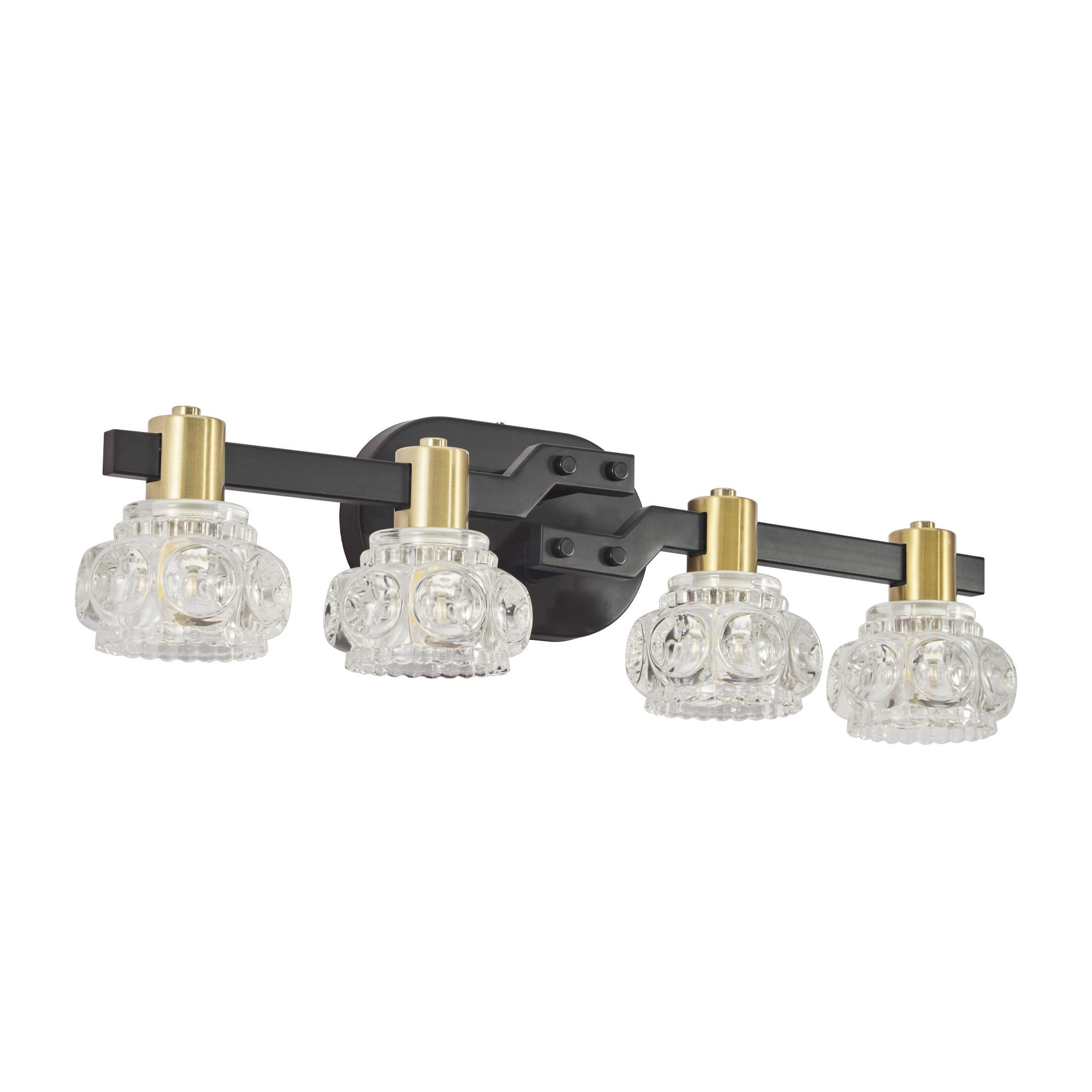 23.5" Vintage 4-Light Wall Sconce with Crystal Shades, Iron Finish, Vanity Light Fixture for Bathroom, Hallway, 23.5" L x 5.5" W x 5" H, Black+Gold
