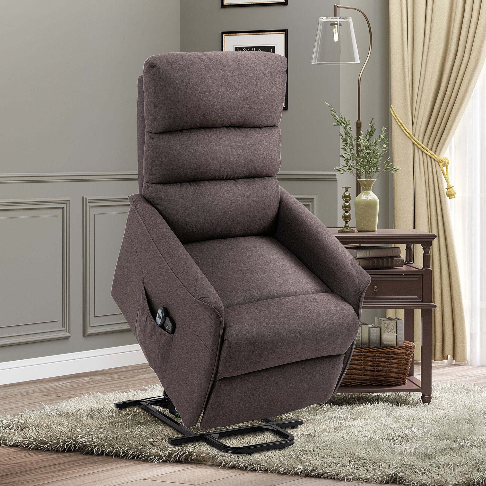 Power Lift Assist Recliner Chair for Elderly with Remote Control, Linen Fabric Upholstery, Brown