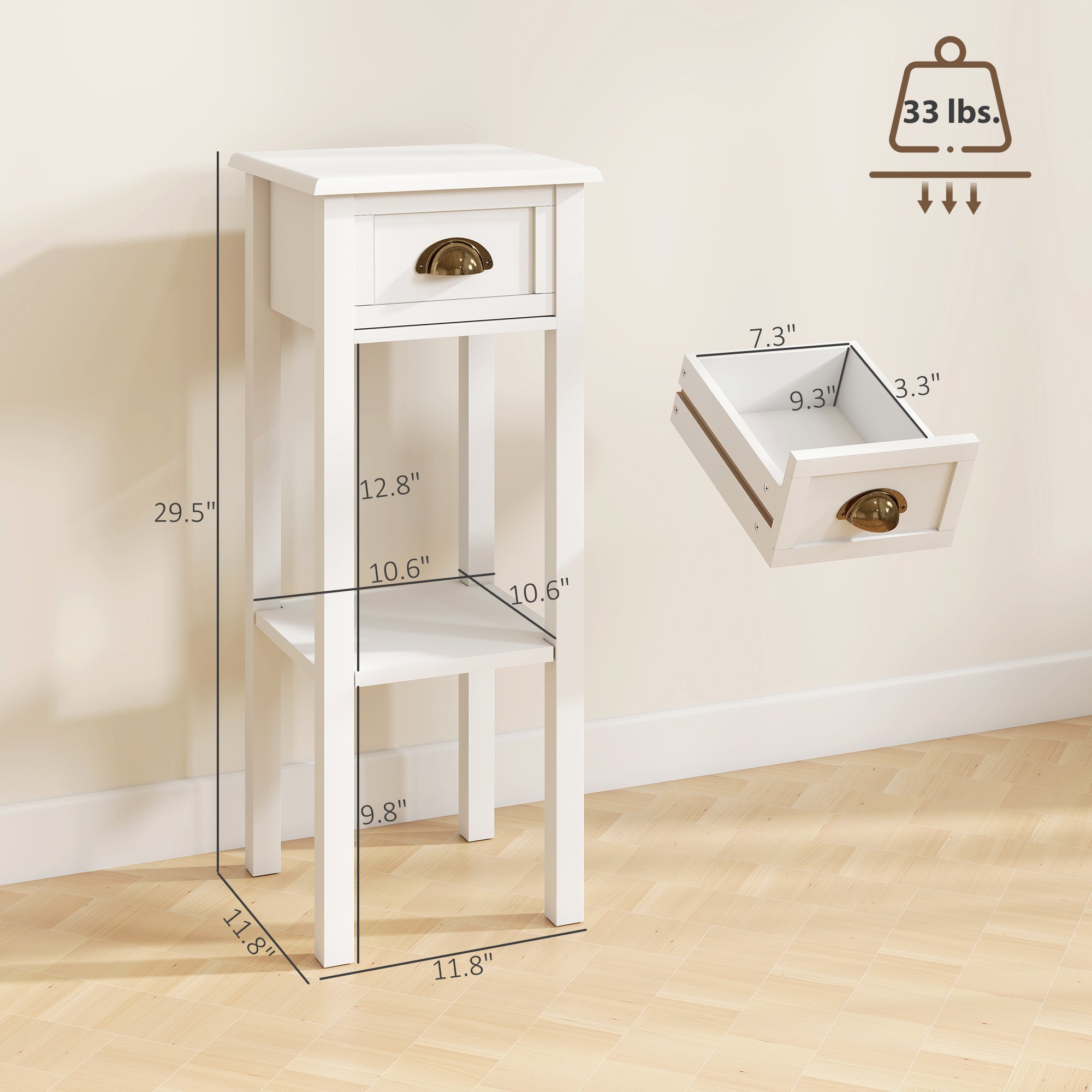2-Tier Side Tables Set of 2 with Drawer and Shelf, 2 Pieces End Tables for Living Room and Hallway, White
