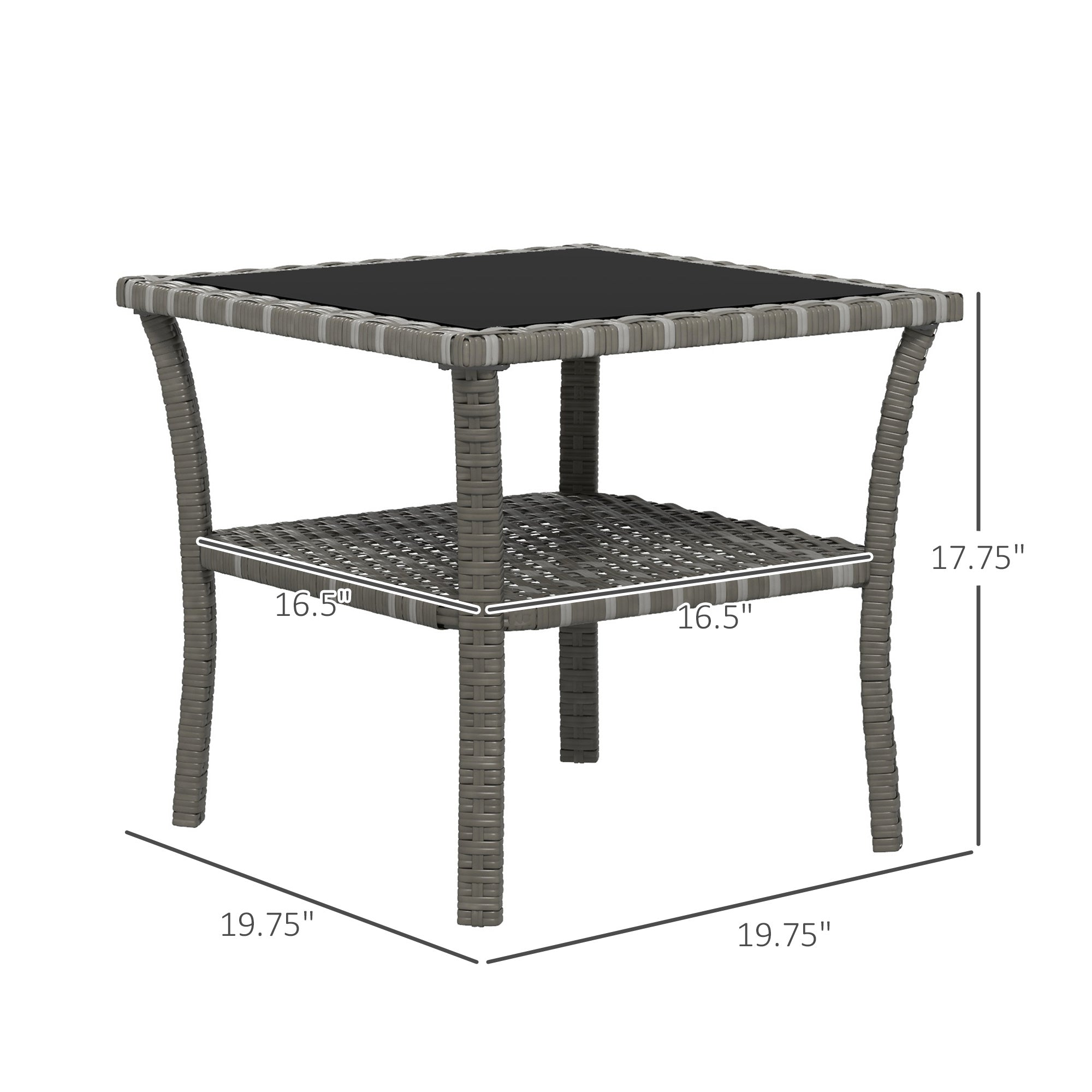 Rattan Side Table, Outdoor End Table with Storage Shelf, Aluminum Frame Square, Coffee Table with Tempered Glass Top, Mixed Gray