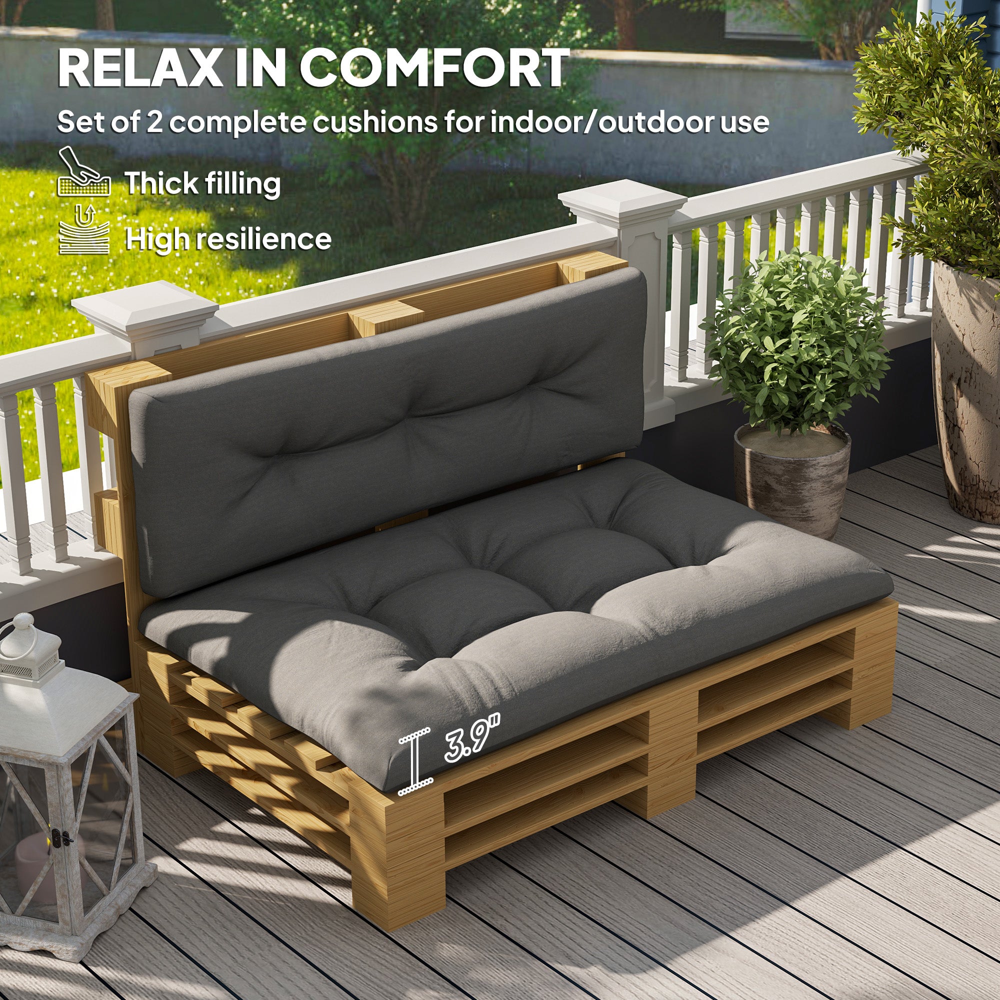 2 Seater Pallet Cushions Outdoor 3.9" Thick Replacement Cushions - Tufted Design for Garden, Patio, Dark Gray