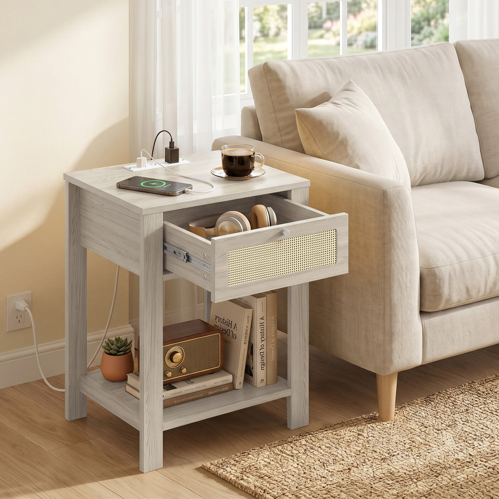 Boho Side Tables Set of 2 with Charging Station, End Tables with Drawer and Open Shelf for Living Room, Natural Wood