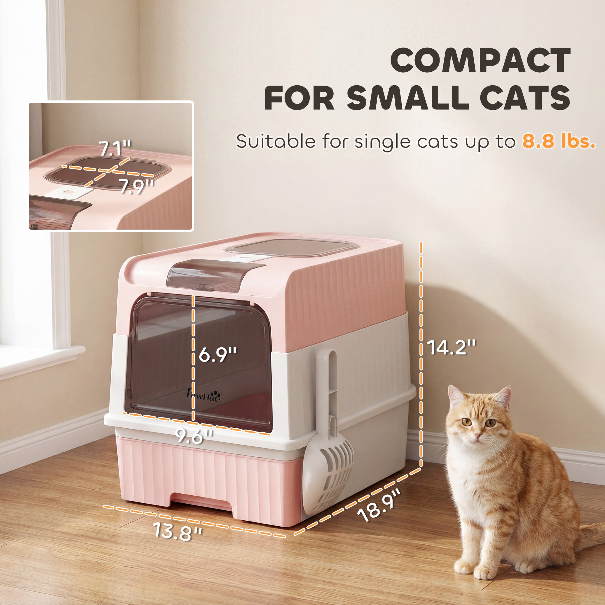 Cat Litter Box Hooded Cat Litter Tray with Drawer Pan Front Entry & Top Exit Easy Cleaning Pink