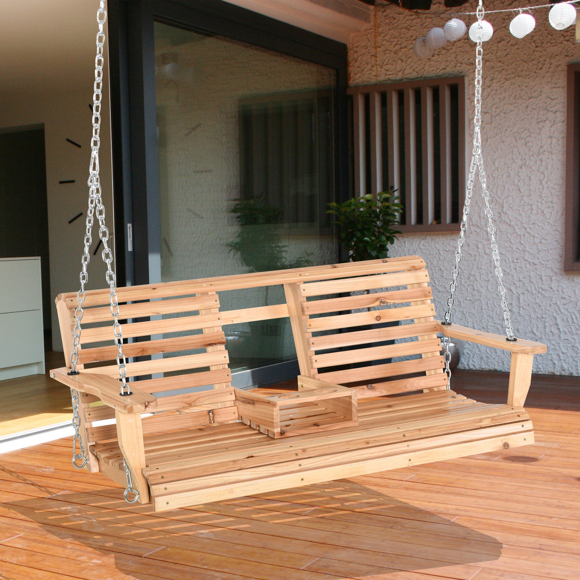 3-Seater Wood Porch Swing, Patio Swing Bench with Folding Coffee Table, Cup Holders, 440lbs Weight Capacity, Natural