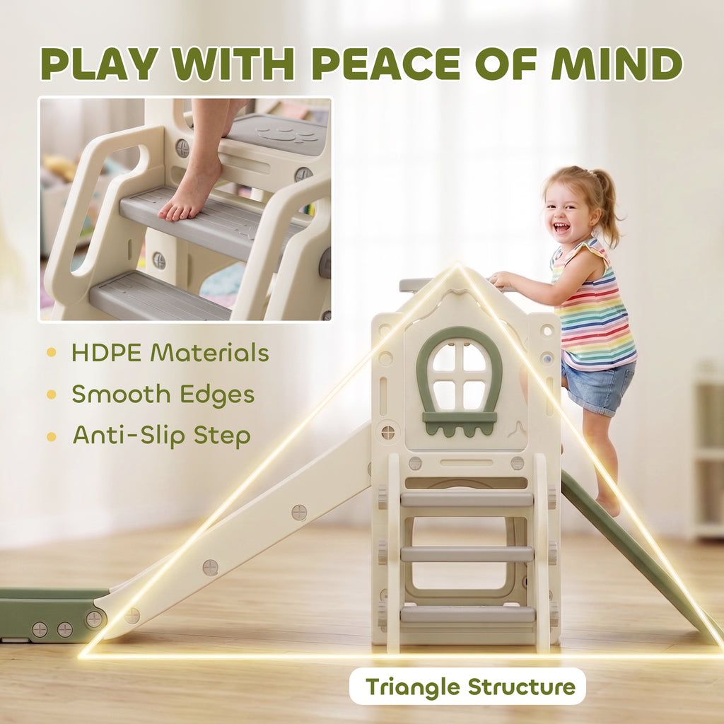 Foldable 5 in 1 Toddler Slide with Ladder, Climbing Wall, Basketball Hoop, Storage and Basketball for 1-3 Years, Cream