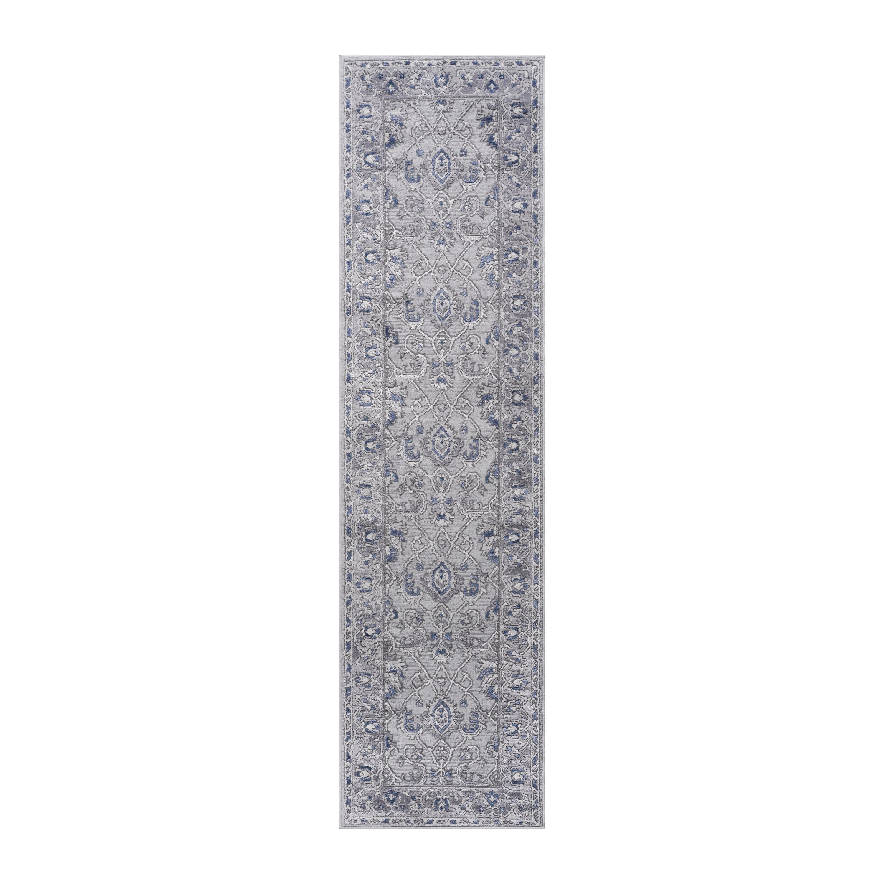 Naar 2x8 Stain-Resistant Area Rug with Cotton Backing, Medium Pile Height, Kid and Pet-Friendly Carpet, 96" L x 26" W x 0.35" H, Gray+Blue
