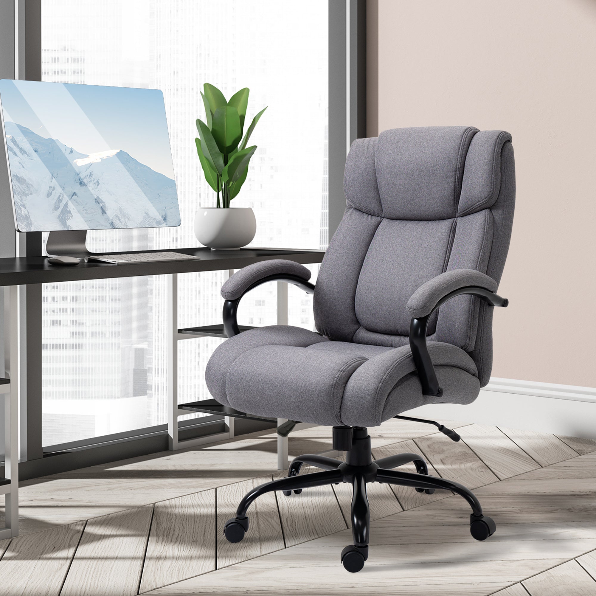 Big and Tall Executive Office Chair, Ergonomic Heavy-Duty High Back Computer Desk Chair 484lbs with Wide Seat, Linen Fabric, Adjustable Height, Swivel Wheels, Light Gray