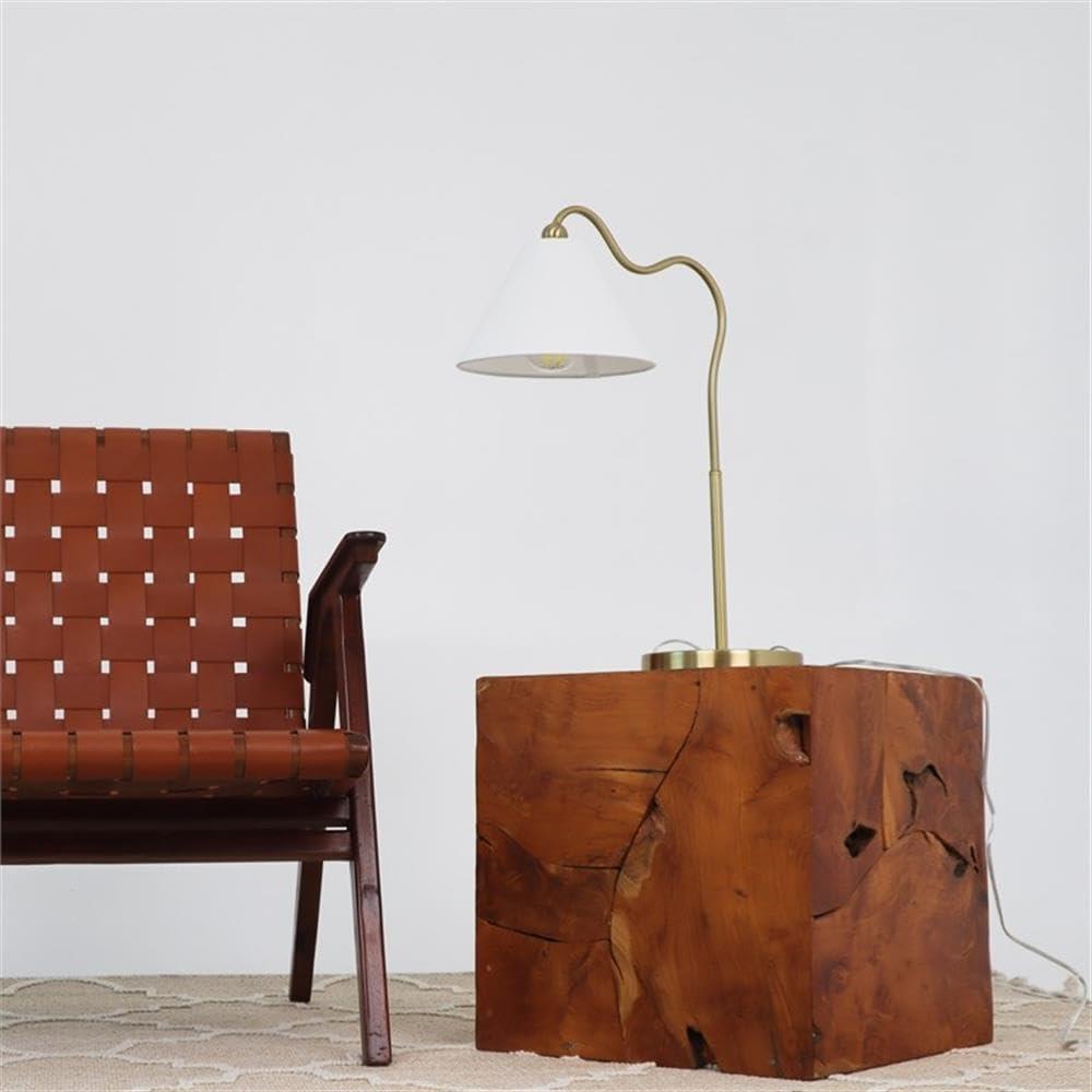Ornate Brass Ring Base Curved Table Lamp with Triangle White Drum Shade, Modern Design, 18" L x 9.5" W x 22" H, Gold+White