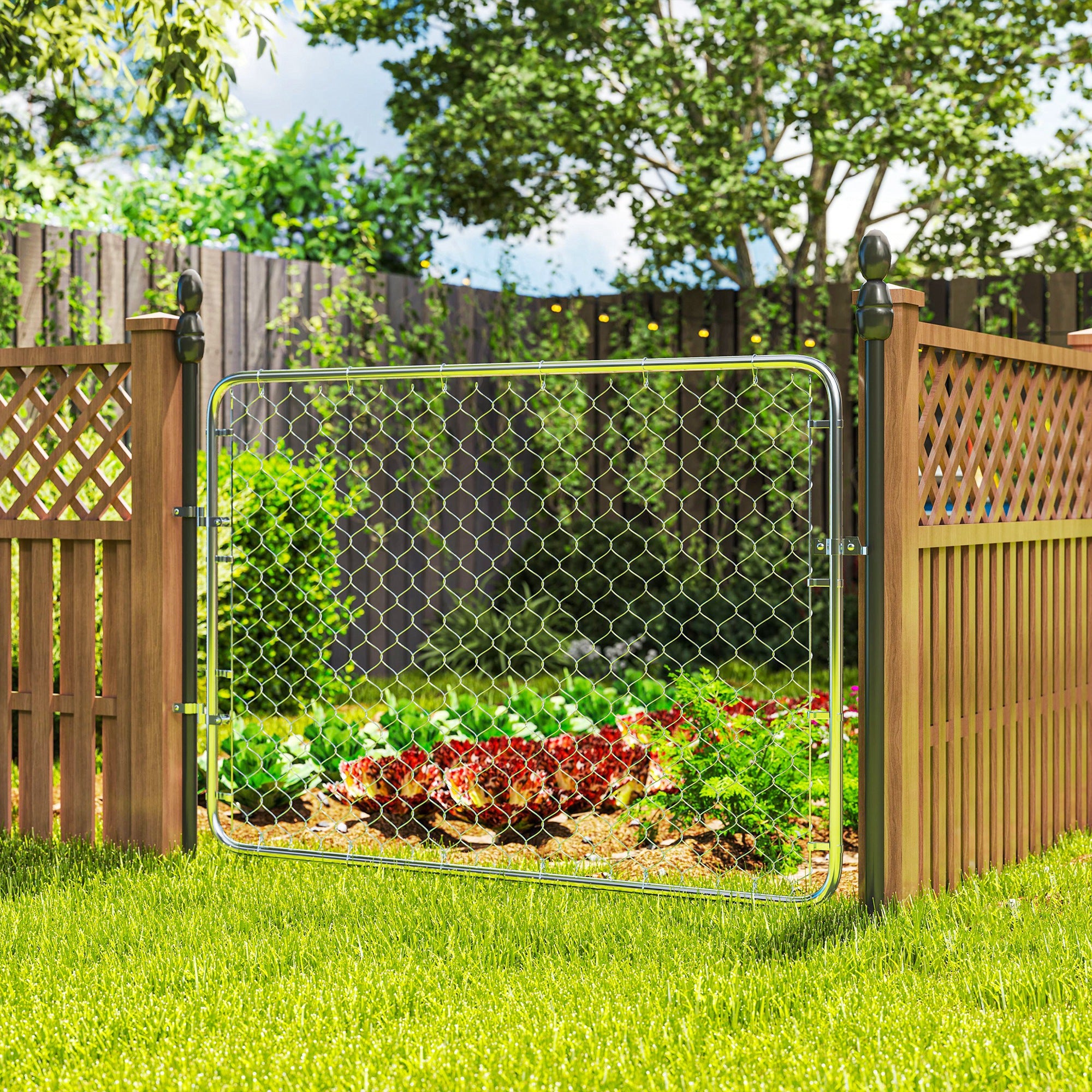 Garden Gate Chain Link Fence Gate, Galvanized Steel Garden Door for Yard Entrance Way, 47.2 x 70.9 in., Silver