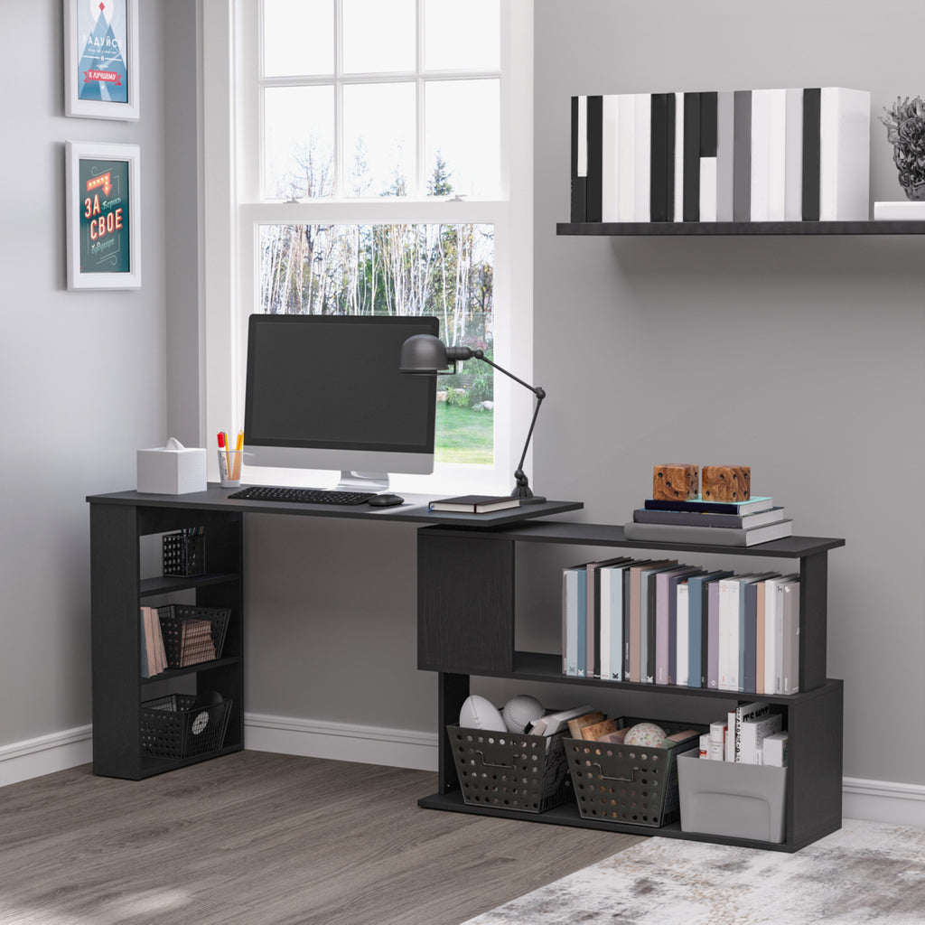 L Shaped Desk, Corner Computer Desk, 360 Degree Rotating Home Office Desk with Storage Shelves, Writing Table Workstation, Black