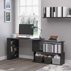 L Shaped Desk, Corner Computer Desk, 360 Degree Rotating Home Office Desk with Storage Shelves, Writing Table Workstation, Black