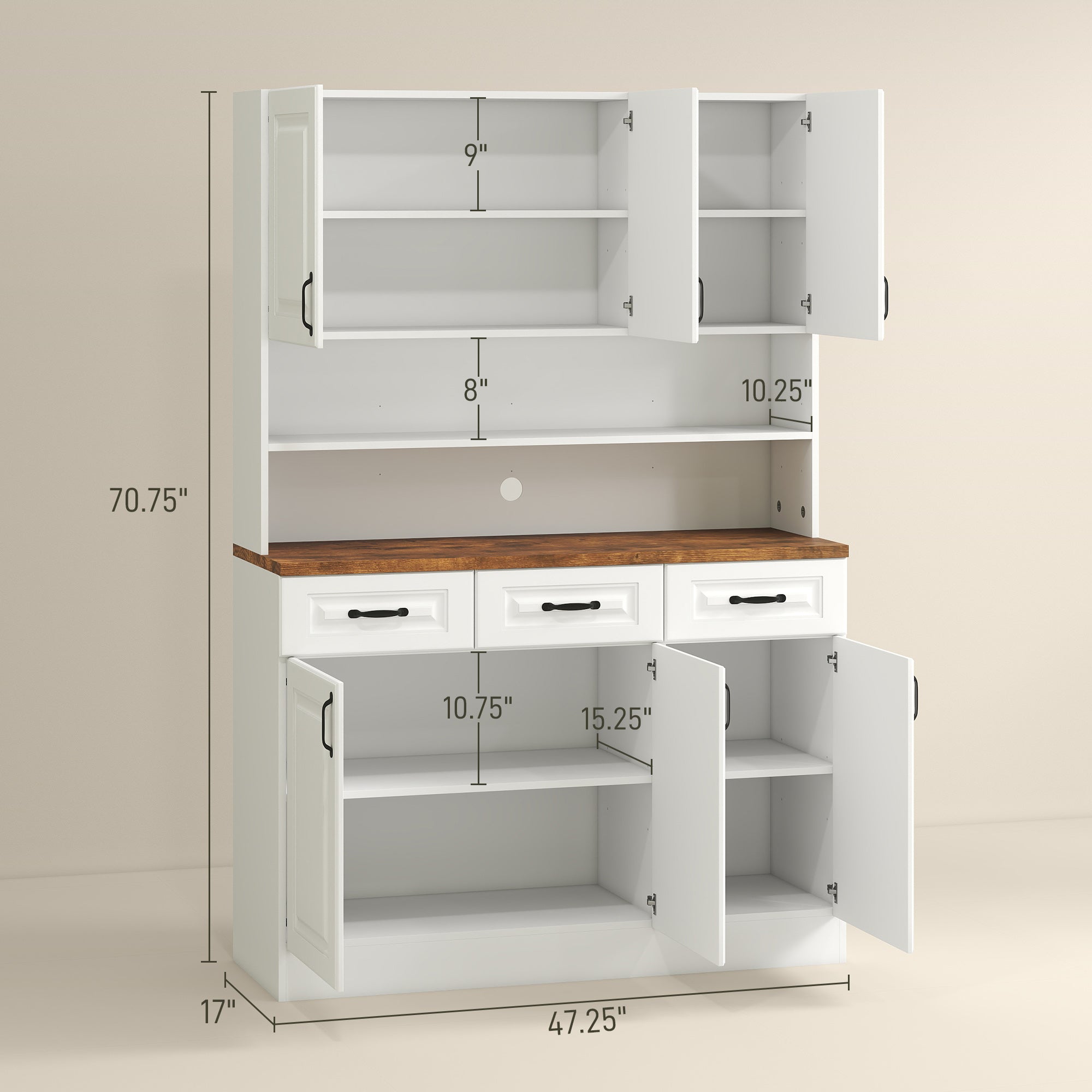 71" Kitchen Pantry Cabinet, Freestanding Farmhouse Storage Cabinet with Wide 2-Tier Microwave Stand Countertop, 3 Drawers, 6 Soft Closing Doors, and Adjustable Shelves, Cable Management, White