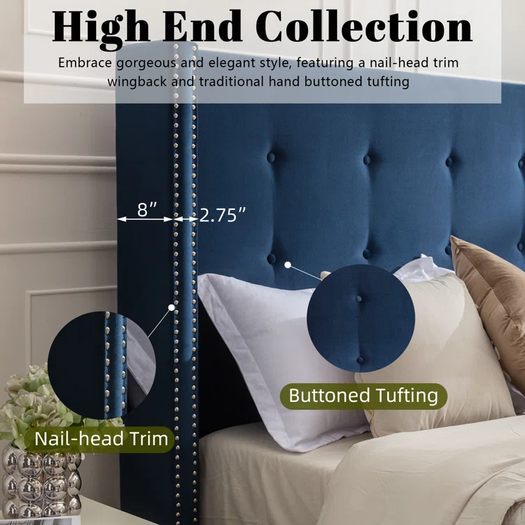 Upholstered Queen Bed Frame with Velvet 54" High Headboard, Traditional Hand Buttoned Tufting, Nailhead Trim Wingback, No Box Spring Needed, Blue
