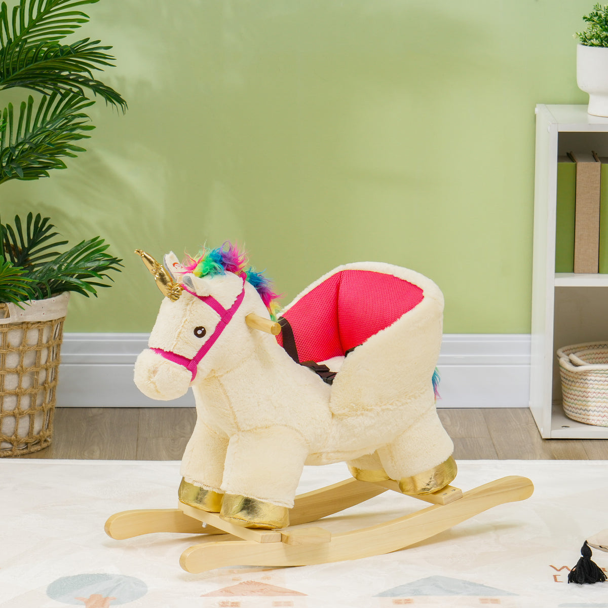Kids Rocking Horse, Unicorn with Realistic Sound, Safety Belt & Wooden Base for 18-36 Months