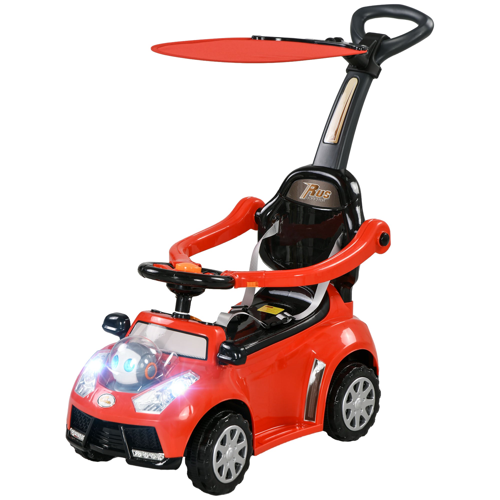 3 in 1 Push Car Sliding Car with Removable Handle, Music, Horn, Canopy, Safety Guardrail, Red