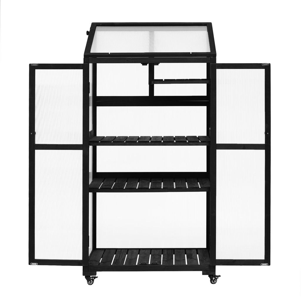 Portable Wood Greenhouse with Wheels & 3-Tier Shelf, Tall Cold Frame with Vented Roof for Balcony Garden, 31.5'' L x 22.5'' W x 62'' H, Black