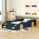 Twin Size Race Car-Shaped Platform Bed with Wheels and Storage, Solid Wood and MDF, 90.5" L x 40" W x 15.5" H, Dark Blue