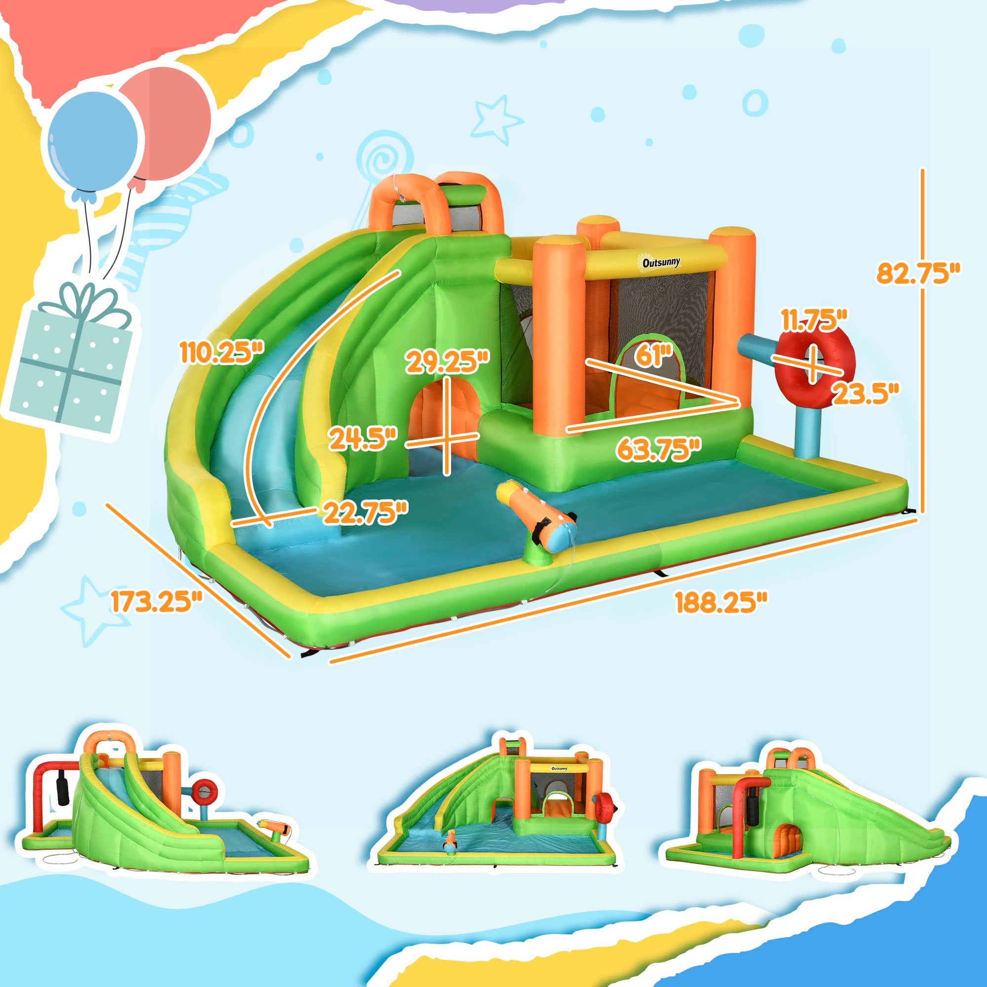 7-in-1 Inflatable Water Slide, Kids Castle Bounce House Includes Slide, Boxing Post, Tunnel Repair Patches